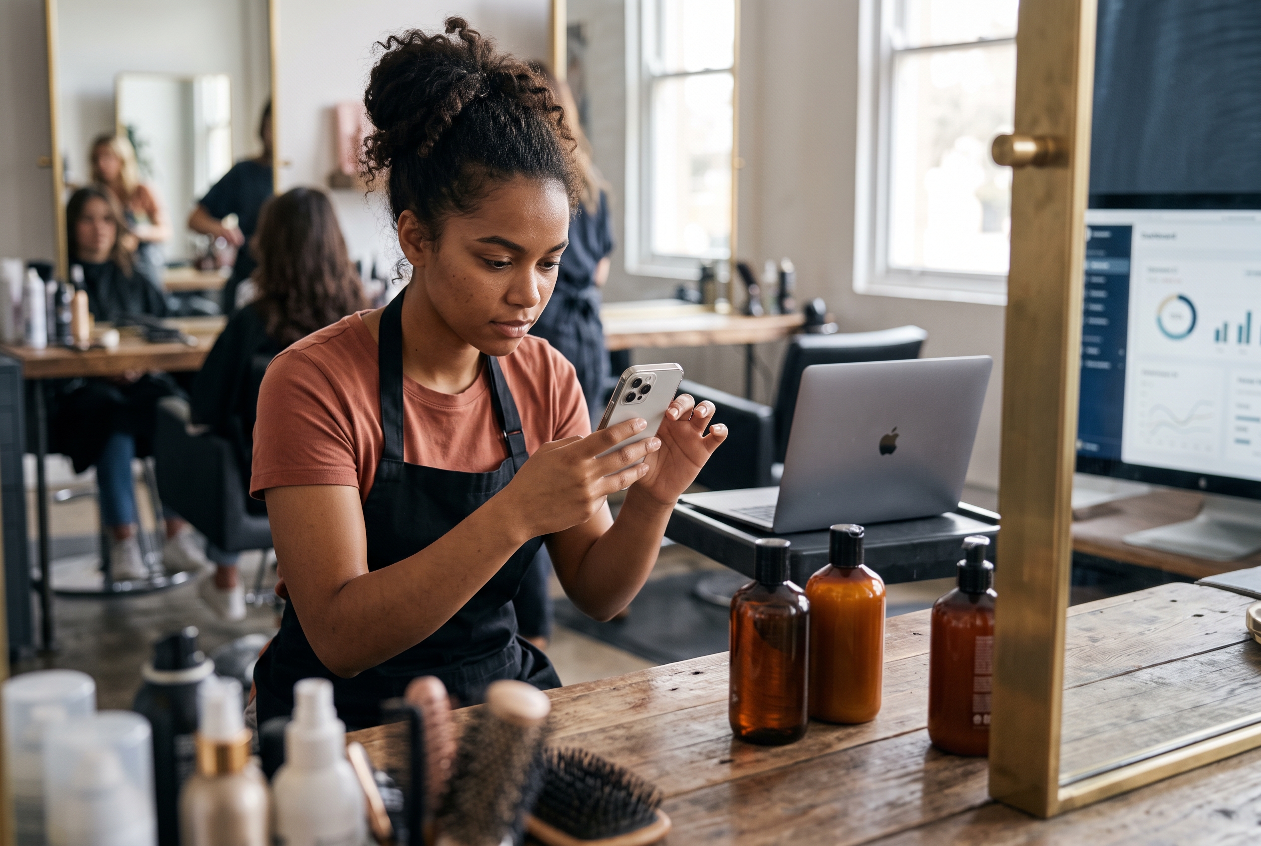 Hairstylist photographing bottles of shampoo on a styling station with a smartphone for her salon's online shop