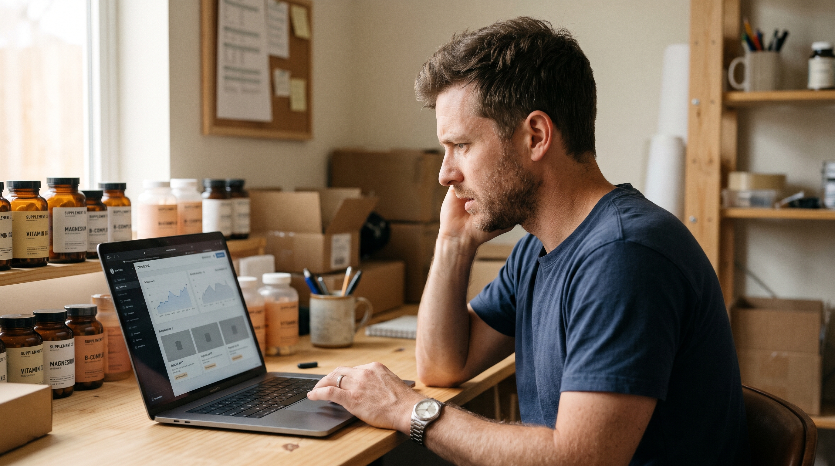 Supplement brand founder reviewing rejected Facebook ads on a laptop beside rows of vitamin bottles in a small studio