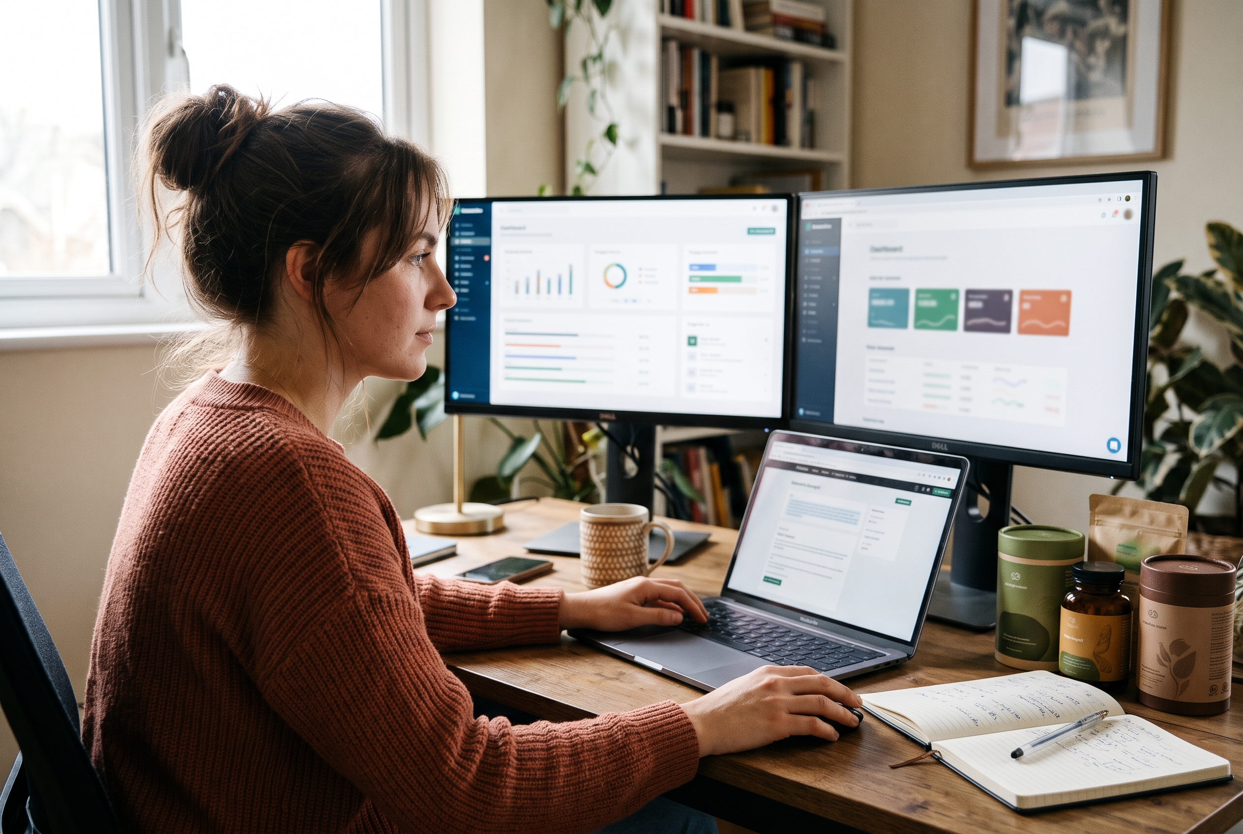 Marketer comparing ad policy pages on two monitors at a desk with supplement tubs and a notebook