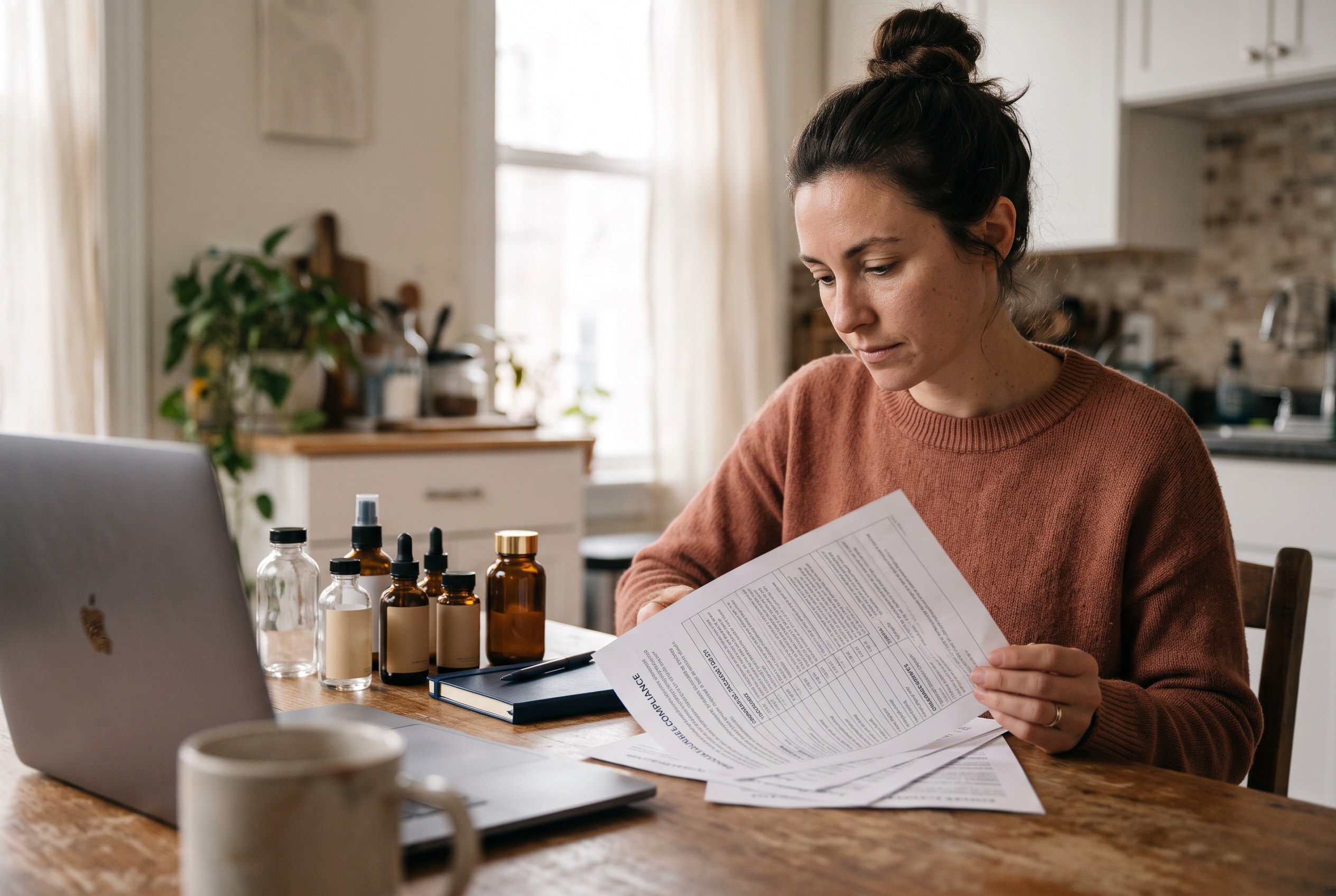 Small supplement business owner reading product label compliance documents at a kitchen table with sample bottles