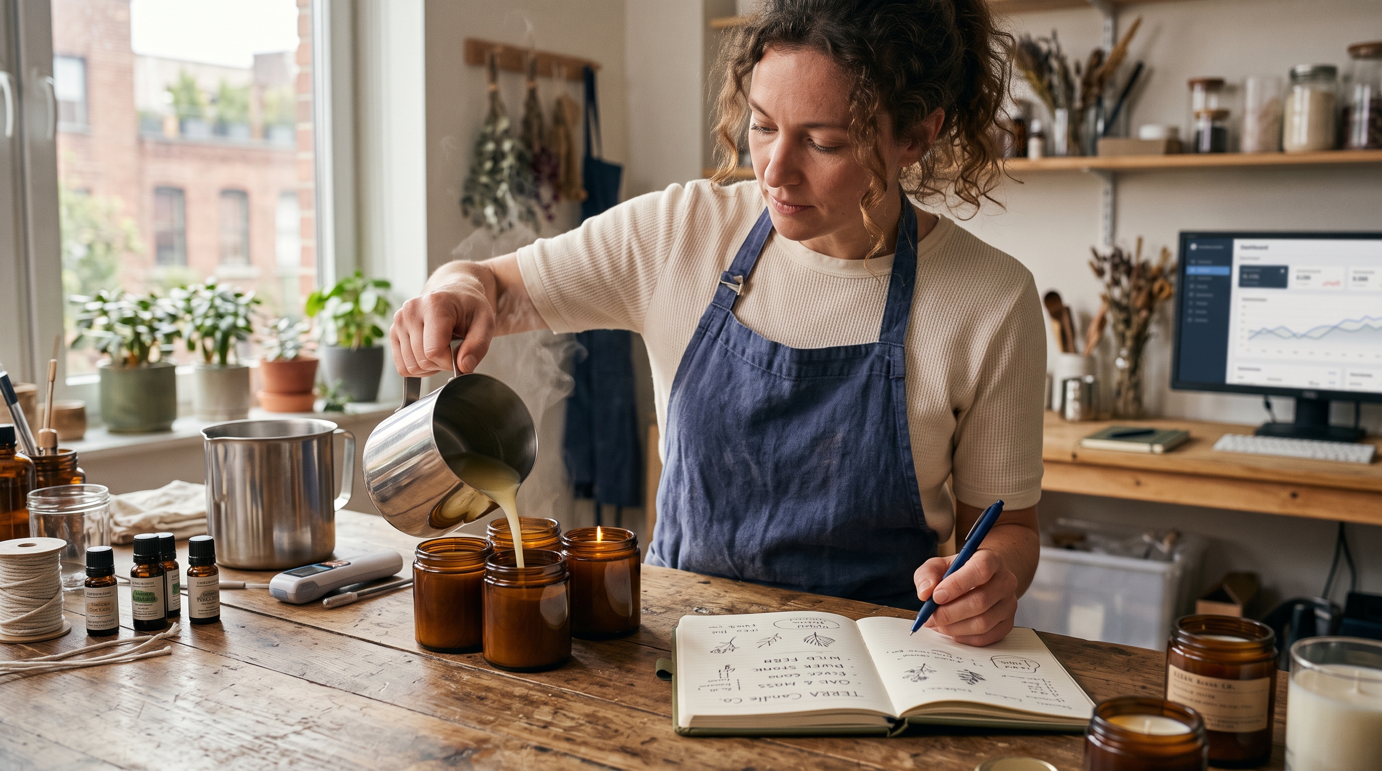 Candle maker pouring soy wax into amber jars on a wooden workbench while sketching name ideas in a notebook