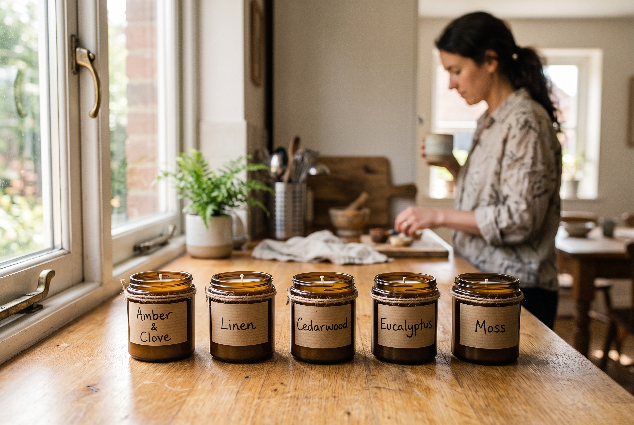 Row of finished minimalist candles with handwritten kraft labels lined up on a sunlit kitchen counter