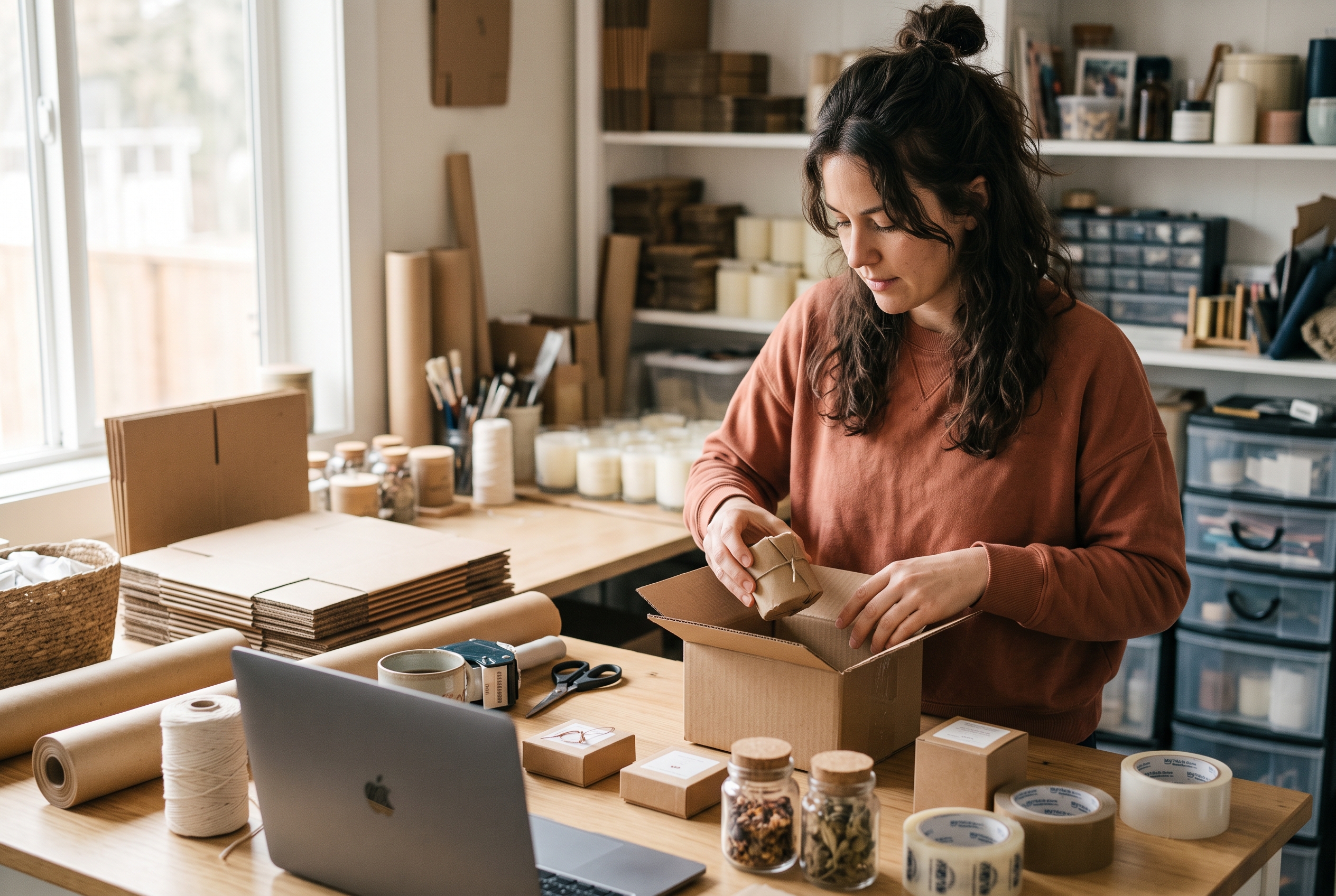 Woman packing handmade candles and jewelry boxes into shipping cartons at a small home studio table