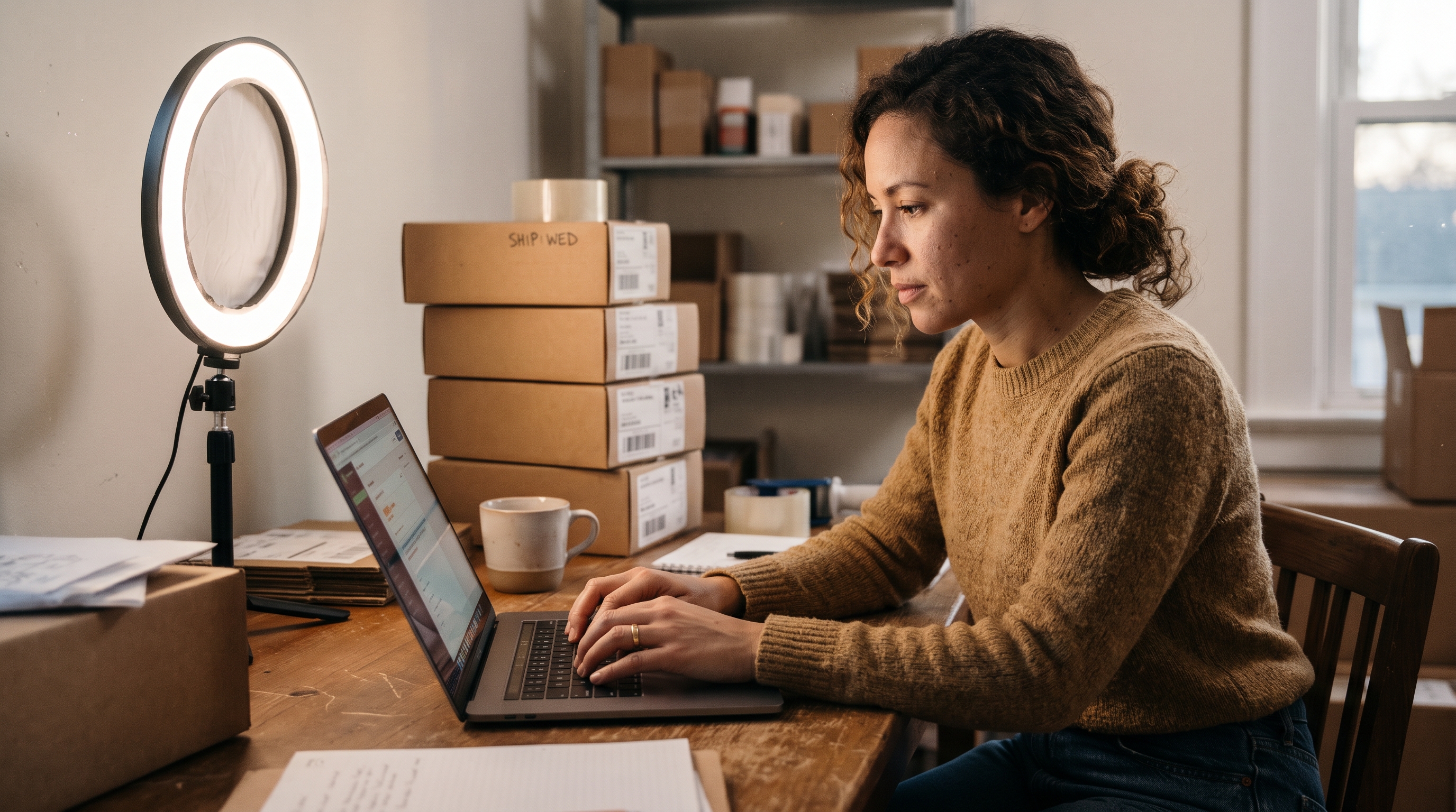 Online store owner typing Instagram caption prompts on a laptop beside a ring light and packed product boxes
