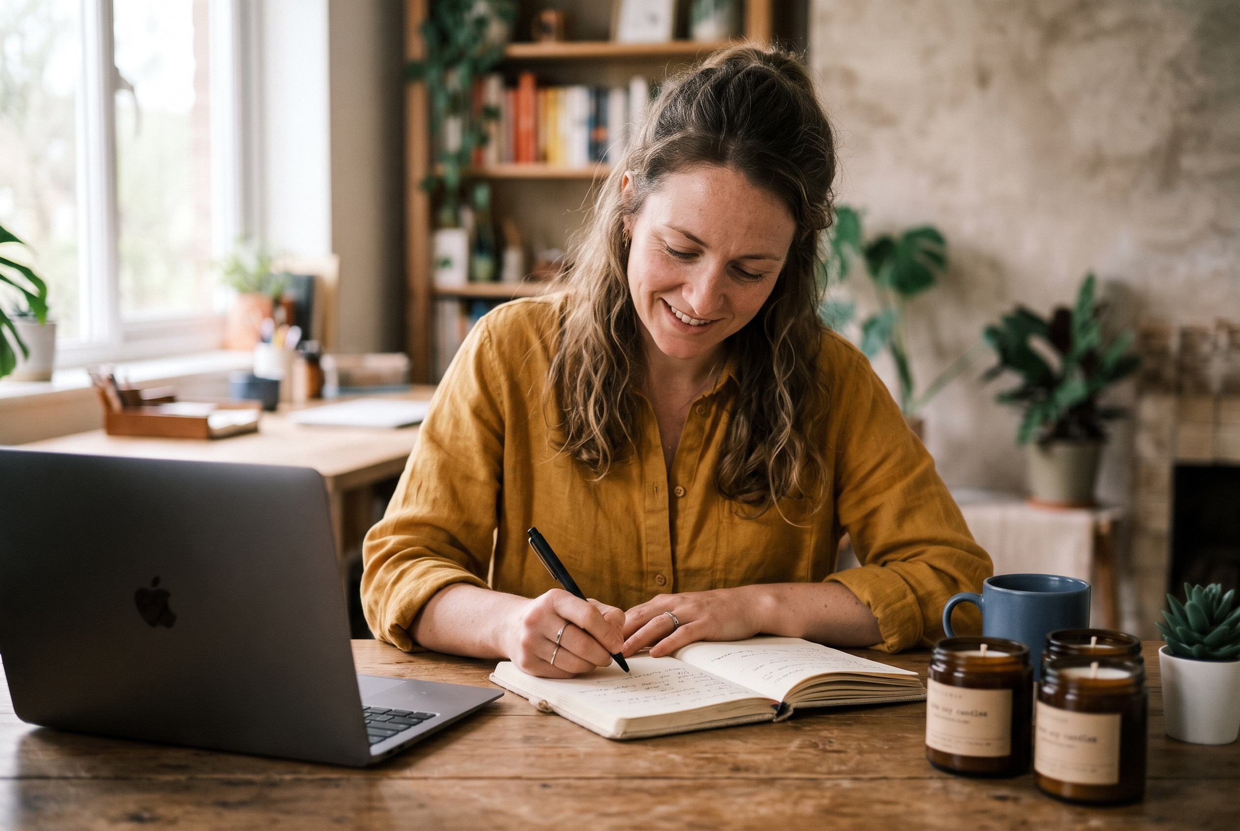 Small business owner writing brand voice notes in a notebook next to a laptop and handmade candles