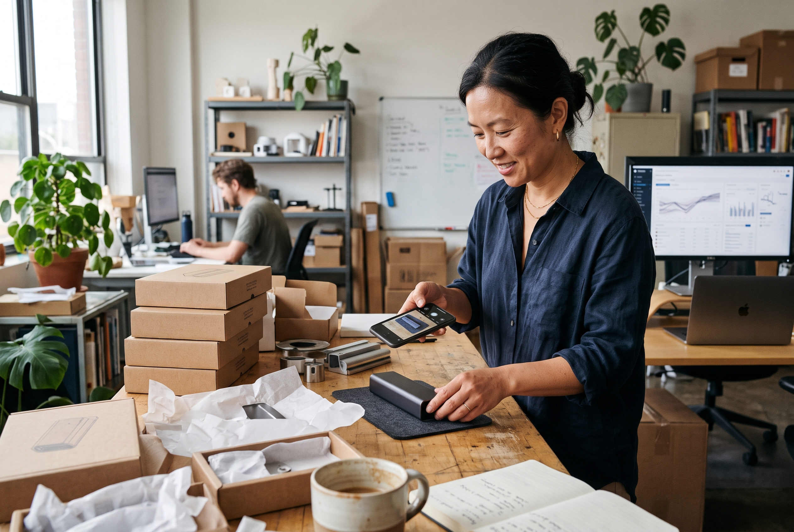 Founder unboxing a new product launch batch on a studio table while photographing it with a phone