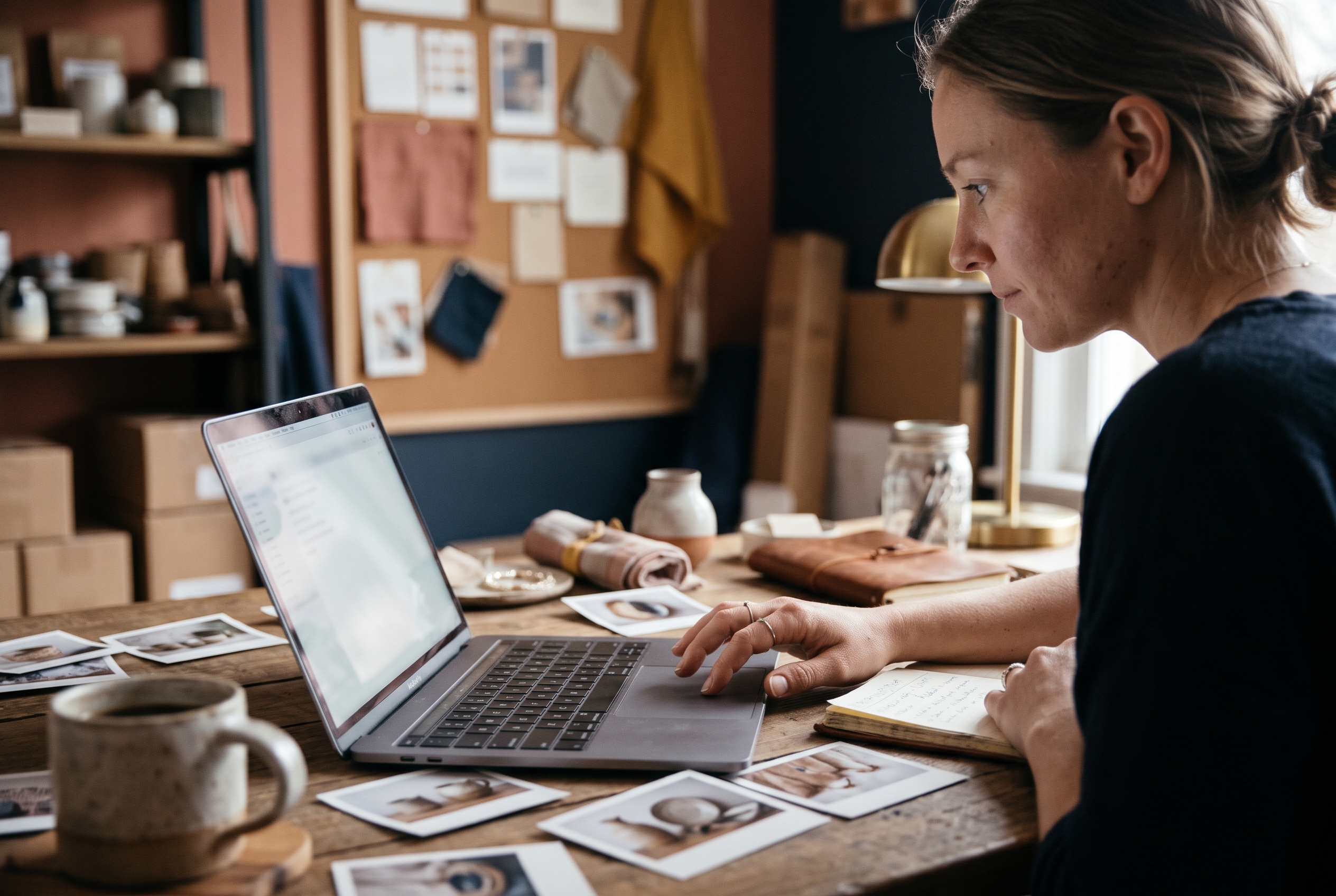 Shop owner scheduling a week of Instagram posts on a laptop with product photos spread on a desk