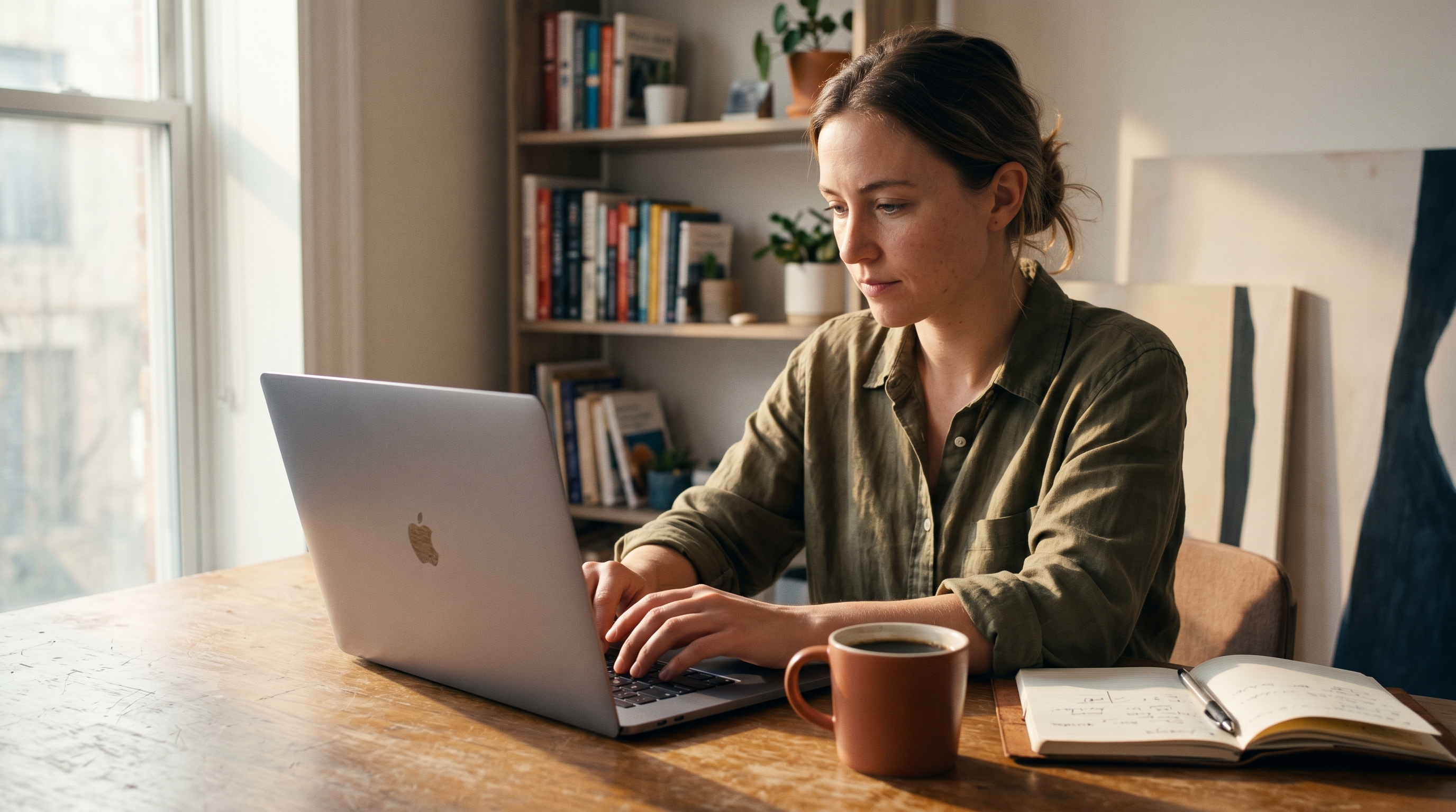 Founder typing prompts into a laptop at a wooden desk with coffee and a notebook in morning light