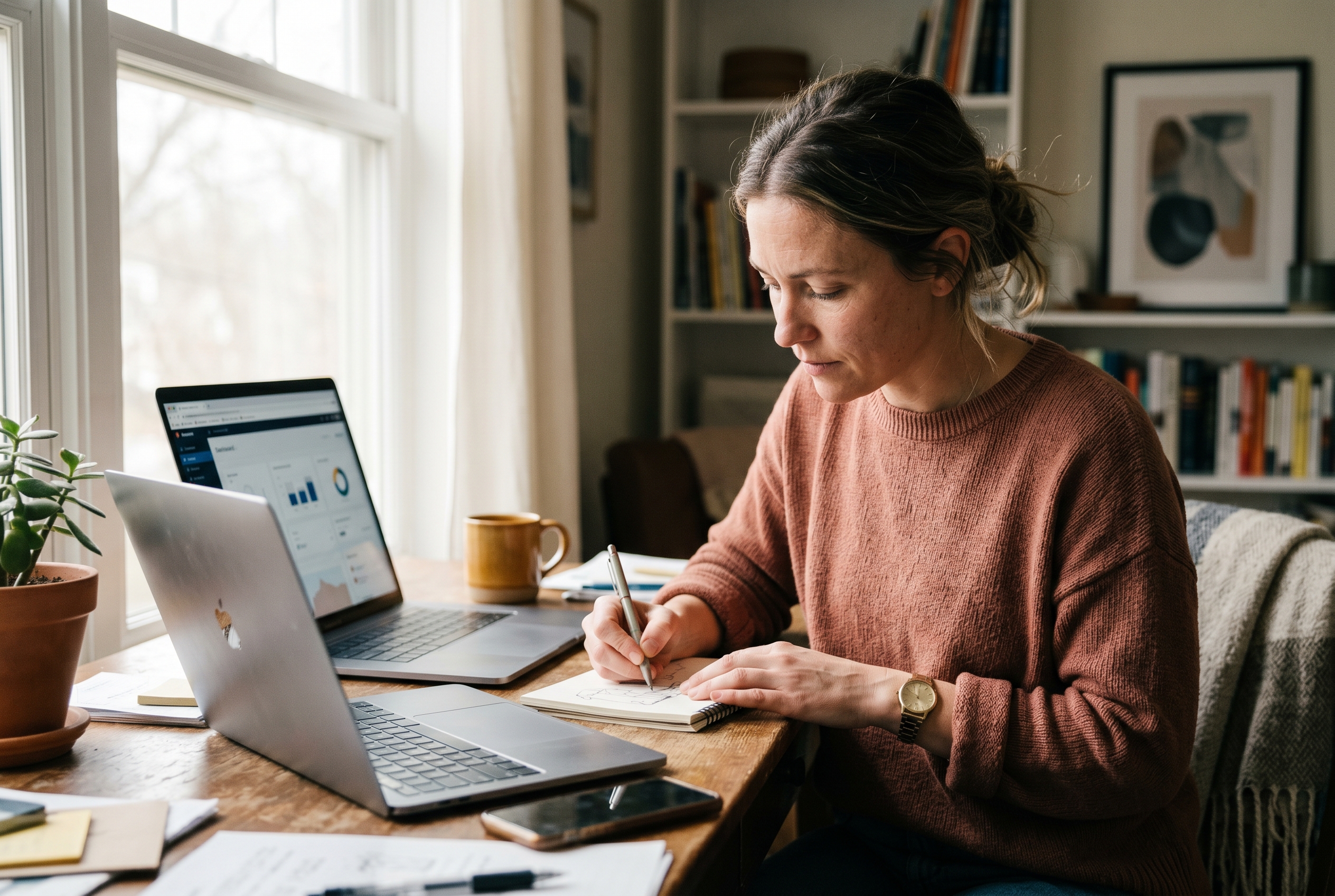 Small business owner sketching a website layout on paper next to an open laptop in a bright home office