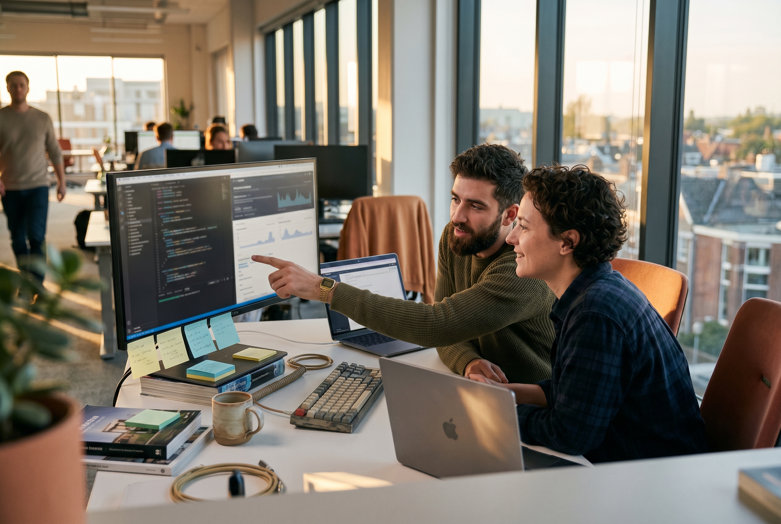 Two people reviewing code on a wide monitor in a modern office at golden hour with sticky notes on the desk