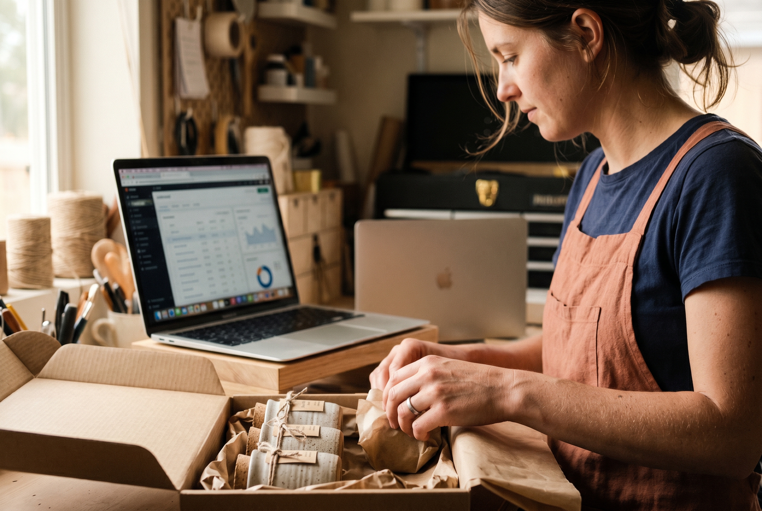 Maker packing handmade products into shipping boxes at a workshop bench with a laptop showing an order list