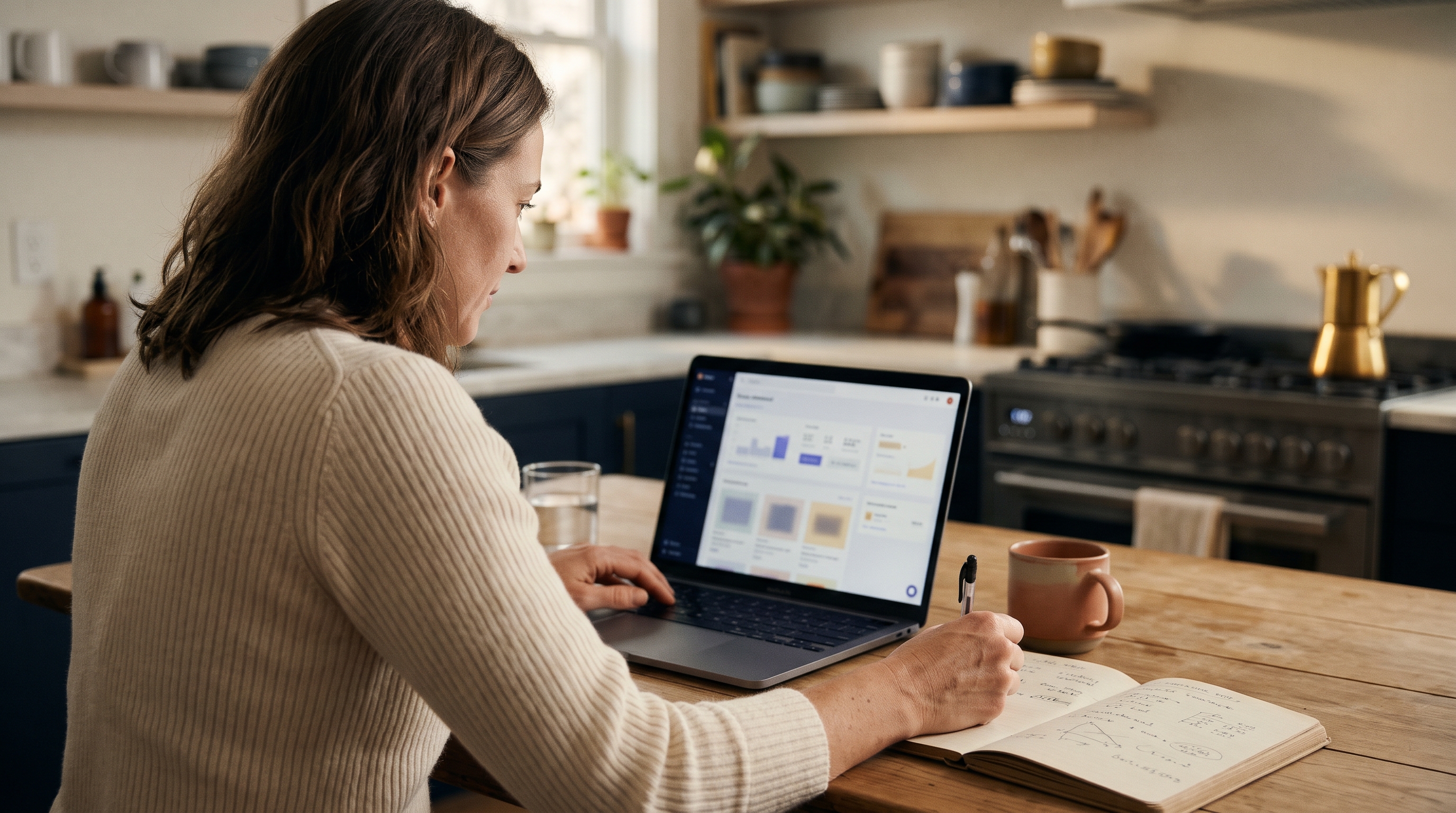 Store owner at a kitchen table reviewing a product page on a laptop with a notebook of handwritten conversion notes