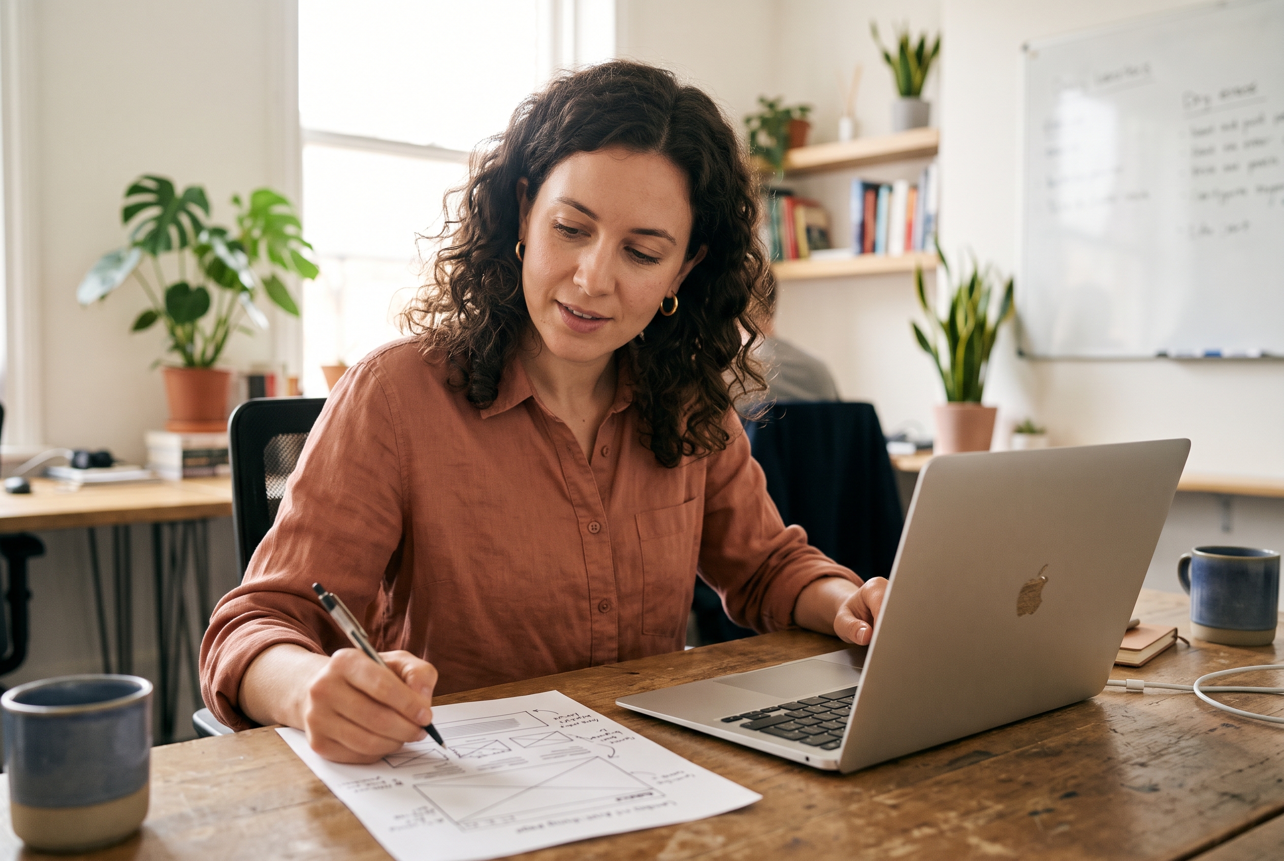 Marketer comparing a printed landing page layout with annotations beside a laptop in a bright small office