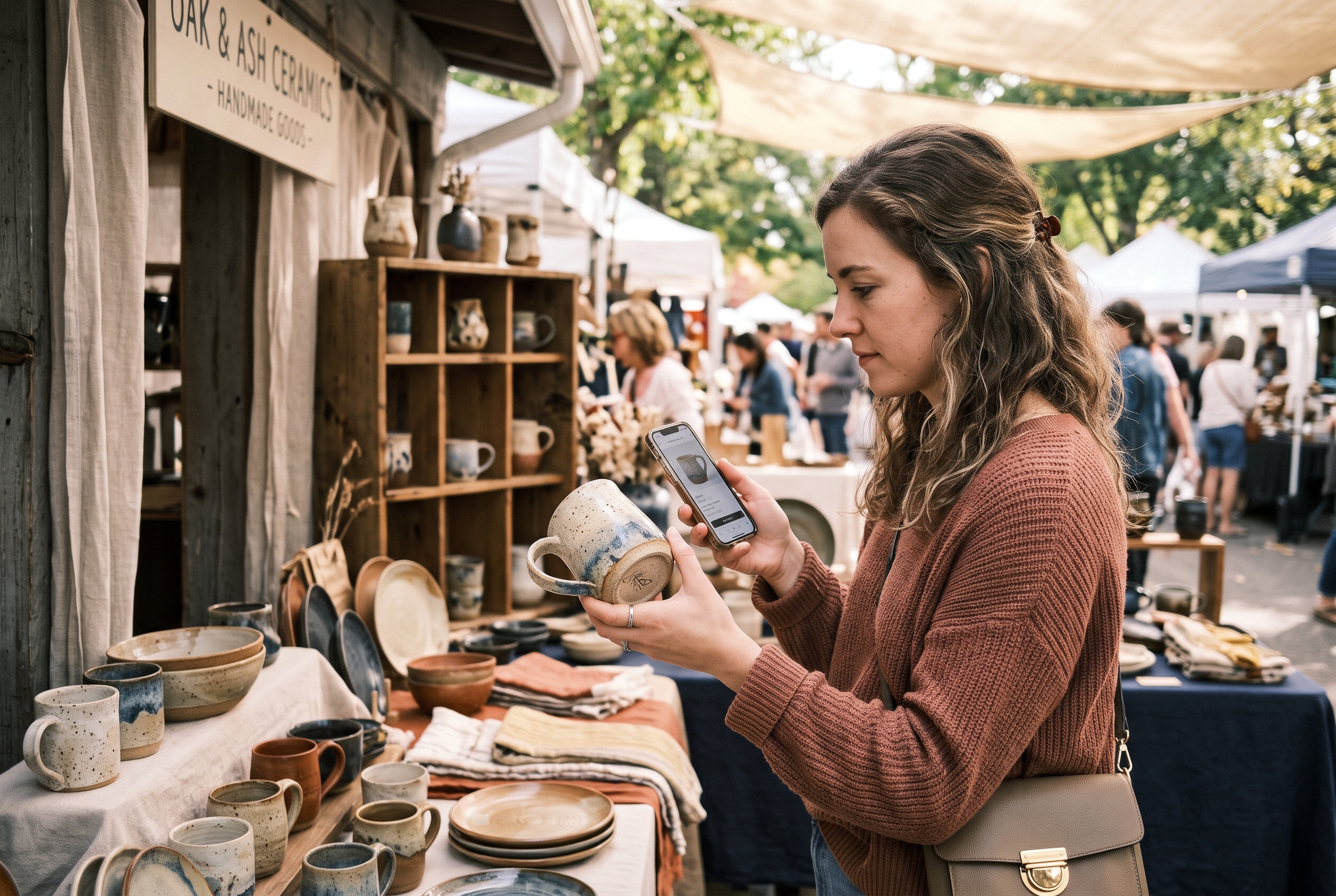 Woman examining a ceramic mug in her hands while checking its product page on a phone at a market stall