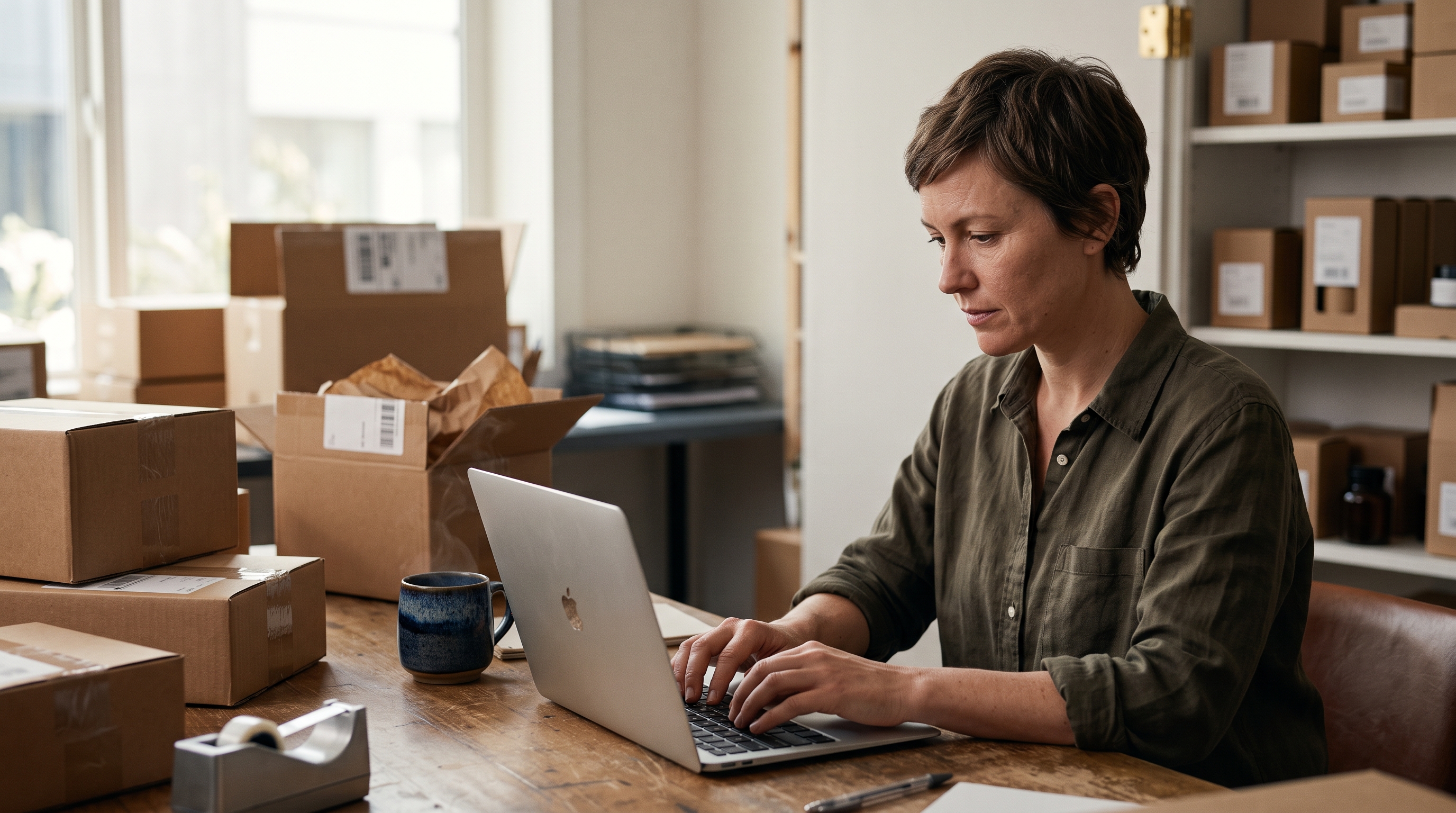 Small business owner typing a prompt into ChatGPT on a laptop beside packed shipping boxes and a coffee mug