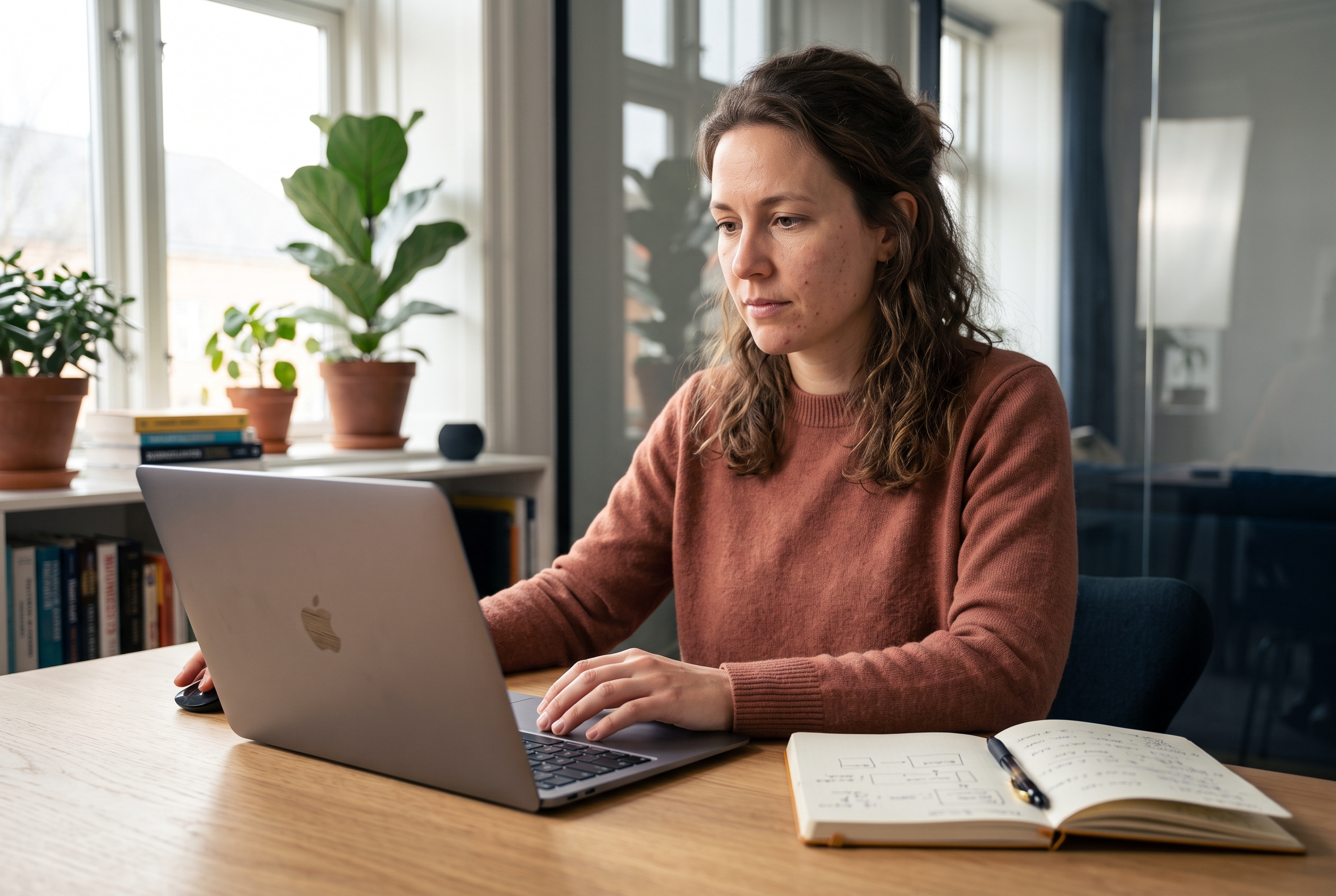 Ecommerce founder reviewing a draft marketing email on a laptop at a desk beside a notebook of campaign ideas