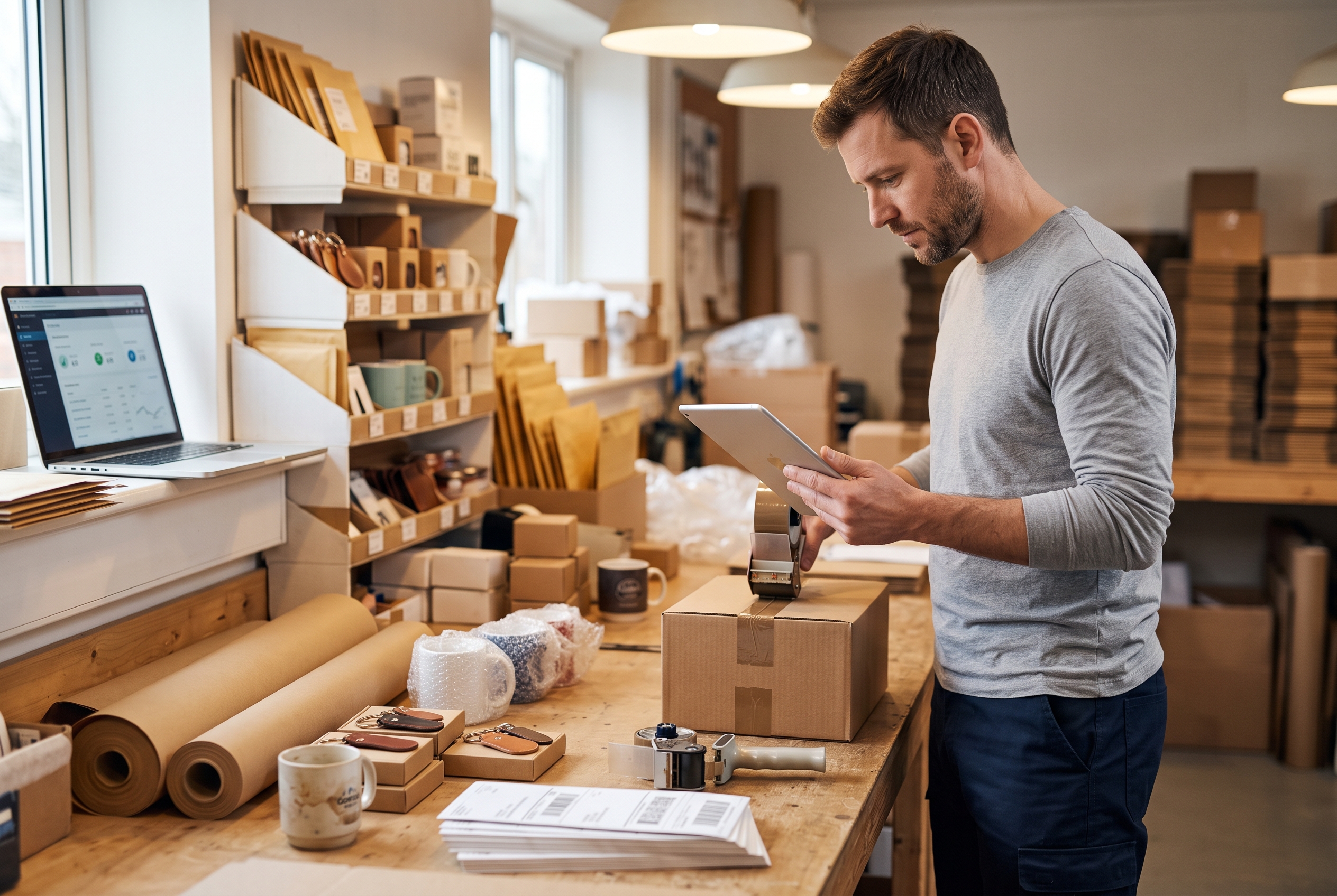 Online shop owner checking recovered orders on a tablet while packing a parcel at a workbench