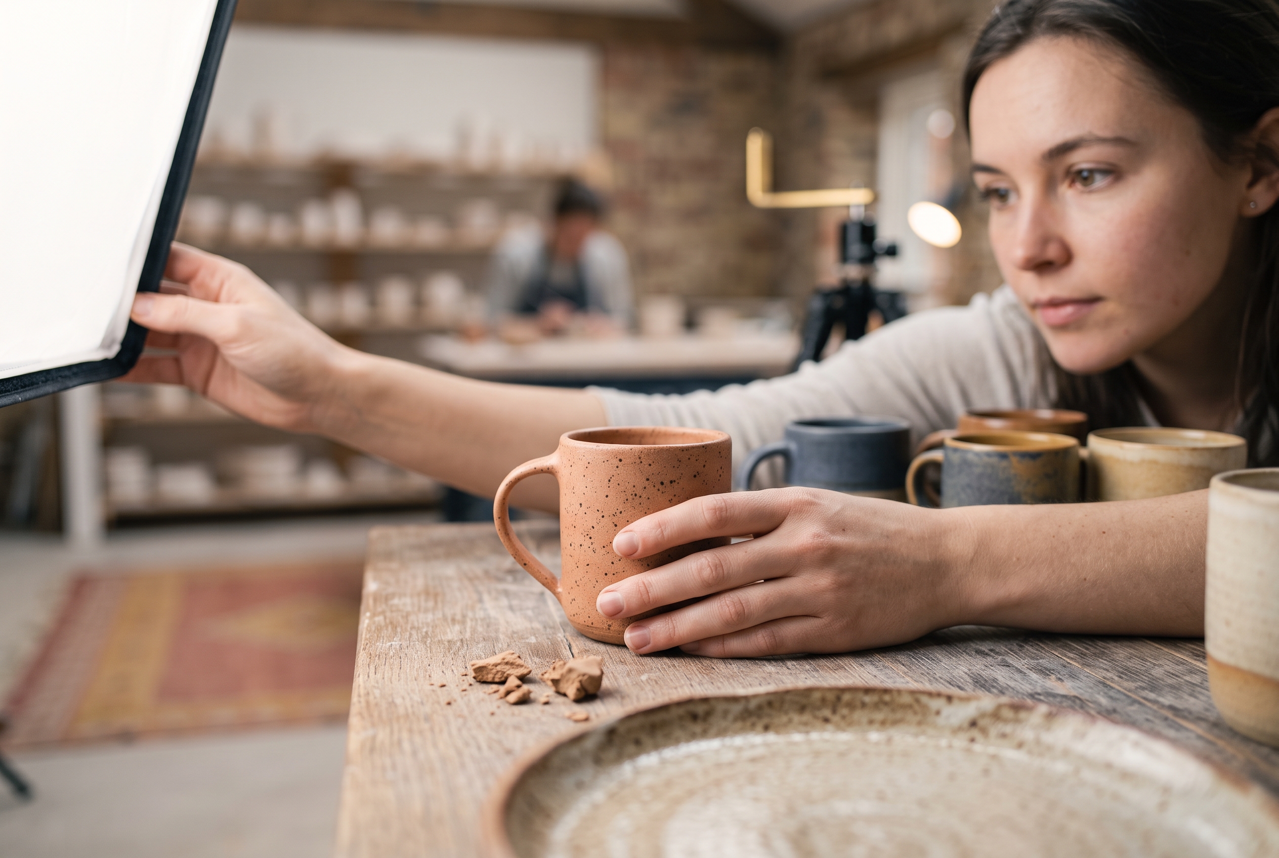 Shop owner photographing handmade ceramic mugs on a wooden table with a softbox light for Instagram