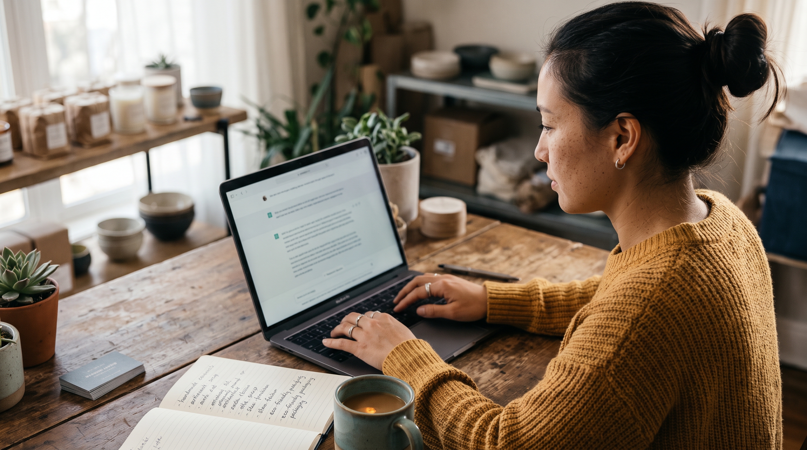 Online store owner typing a prompt into ChatGPT on a laptop beside a notebook of product keywords and a coffee
