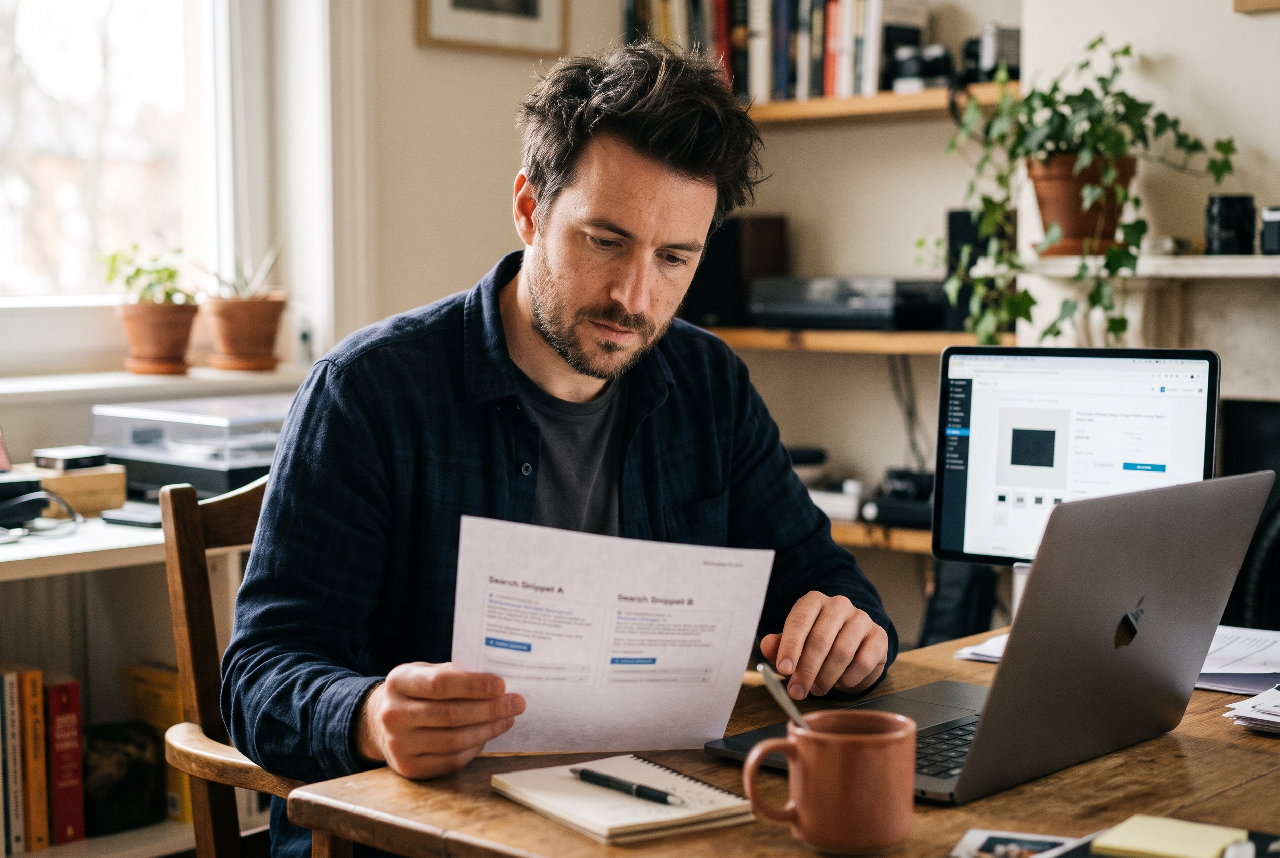 Merchant comparing two search result snippets printed on paper at a desk beside a laptop showing a product page