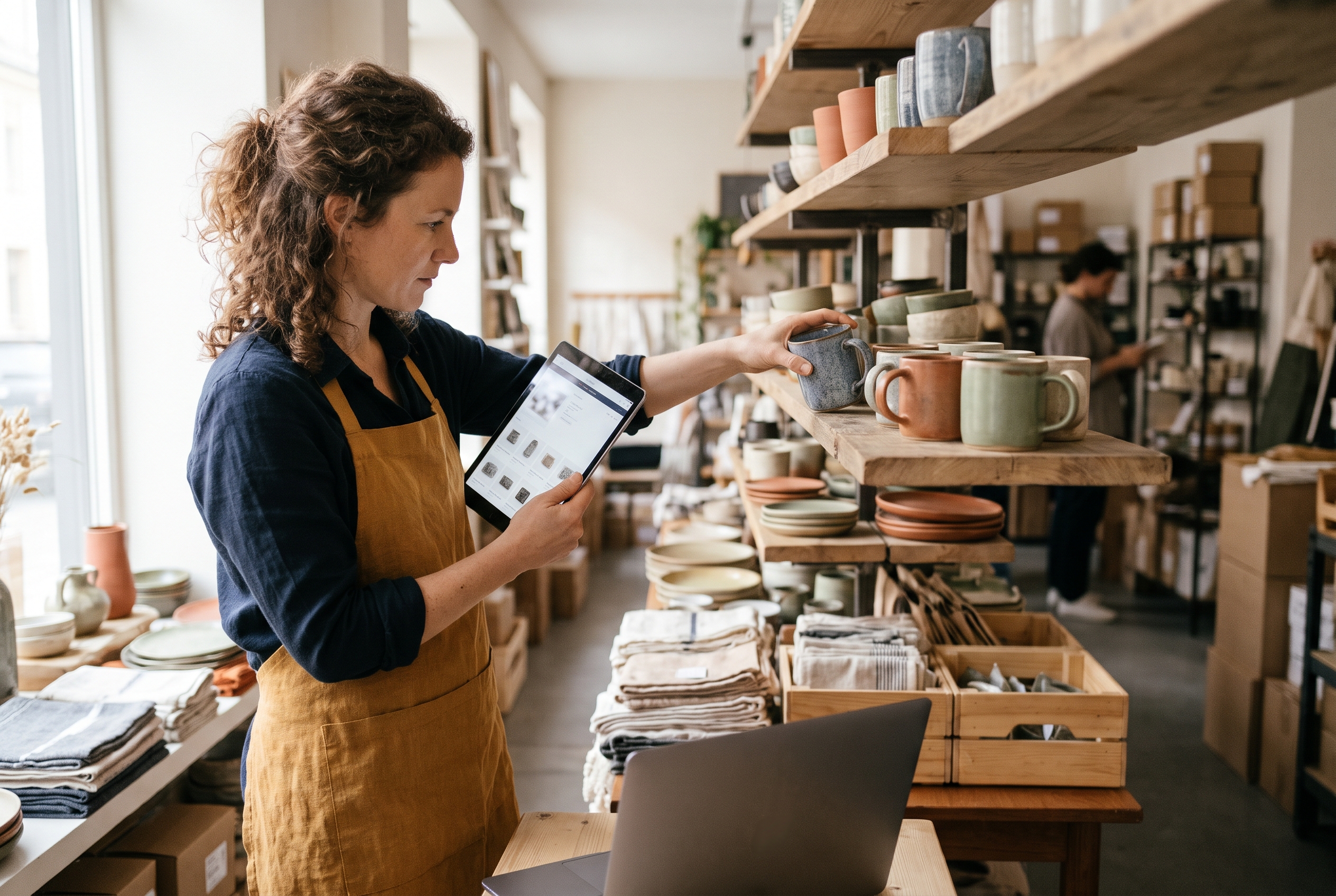 Shop owner arranging ceramic mugs on a shelf while checking a collection page on a tablet