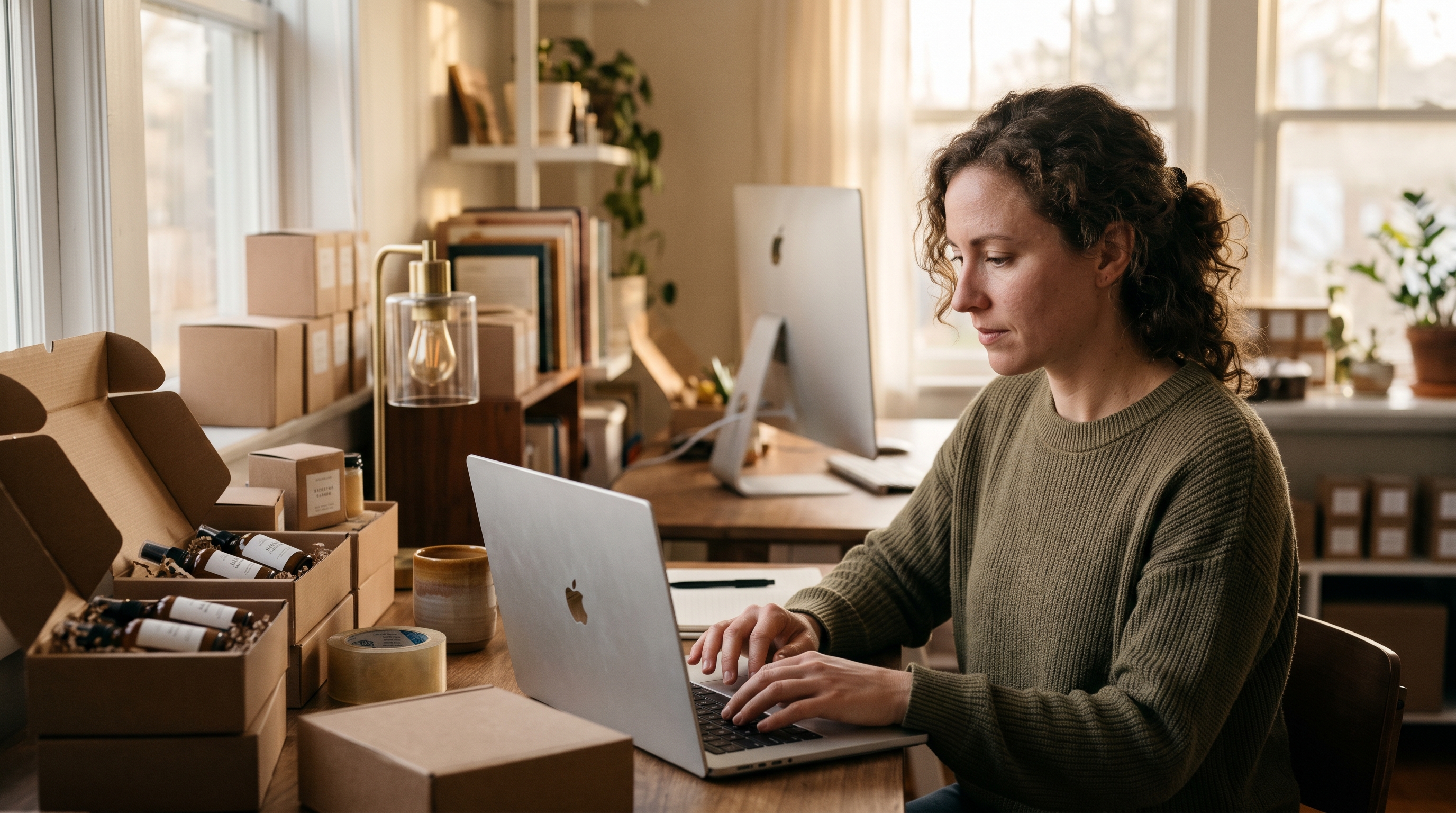 Small store owner typing ad copy prompts on a laptop beside packed product boxes in a bright home office