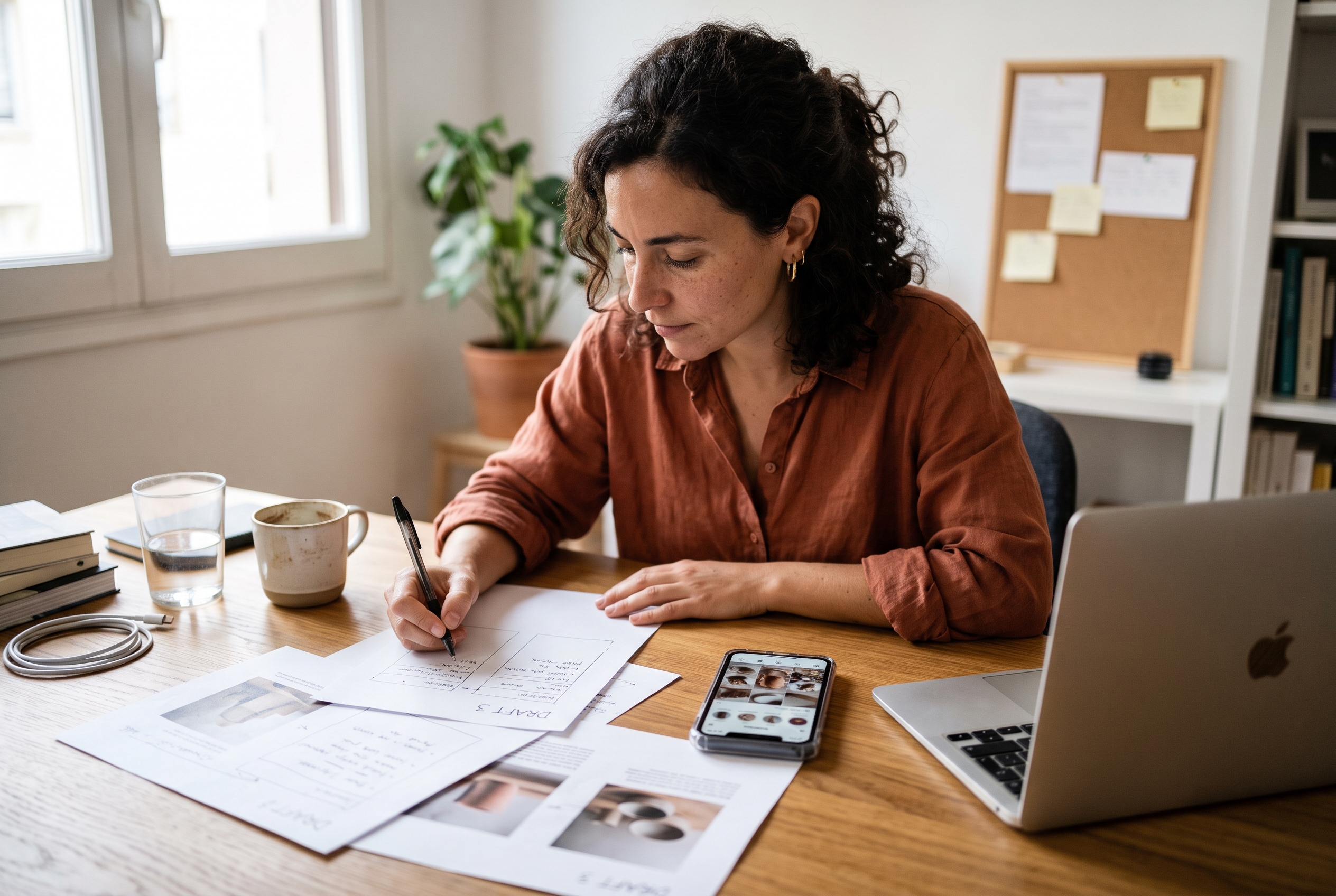 Woman reviewing printed ad drafts with a pen at a wooden desk next to a phone showing a social feed