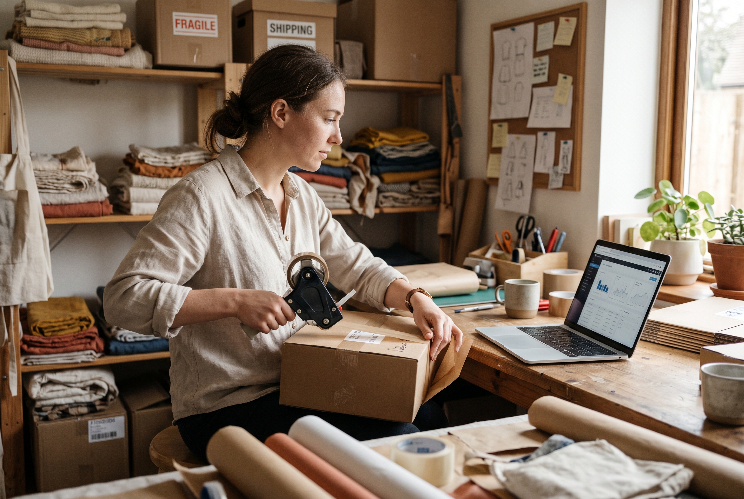 Online shop owner checking ad campaign results on a laptop while wrapping a parcel in a small studio