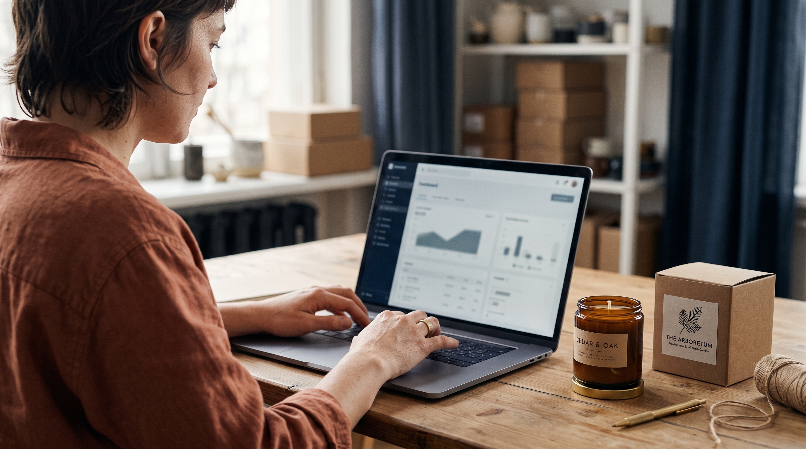 Small business owner typing a prompt into a laptop beside a handmade candle and packaging on a wooden desk