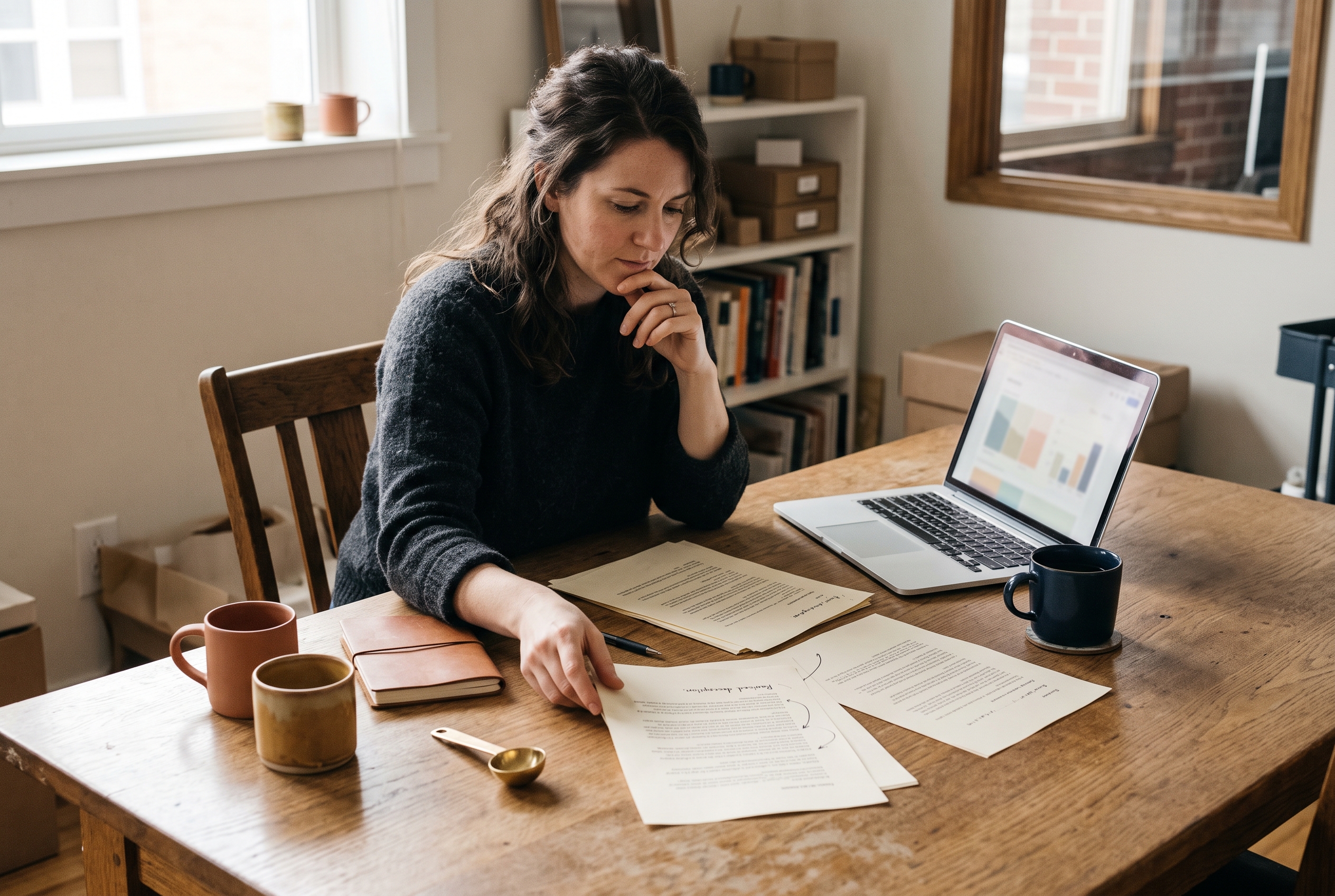 Merchant comparing printed product description drafts spread across a table next to a laptop and sample products