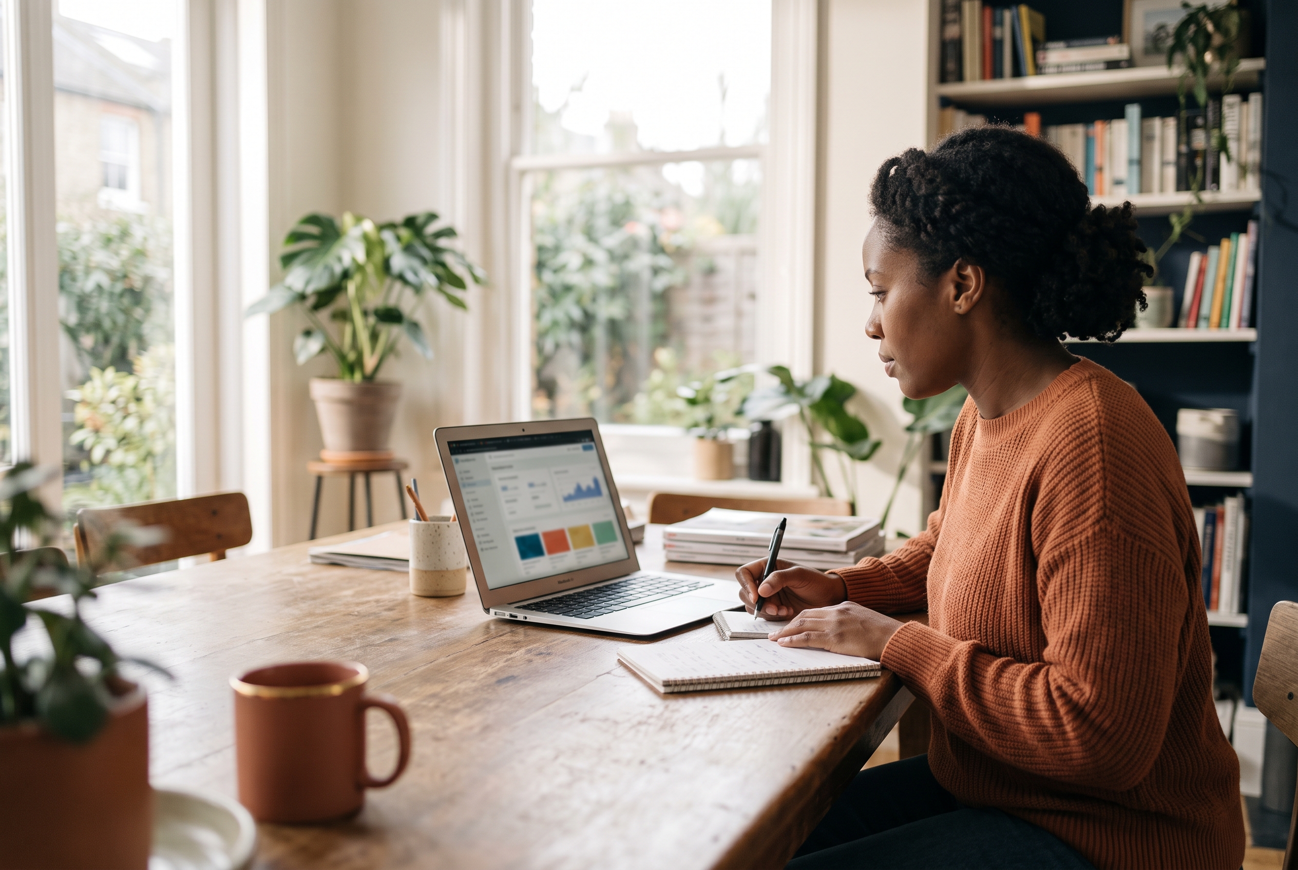 Ecommerce owner reviewing a product page on a laptop while taking notes in a notebook at a sunlit desk