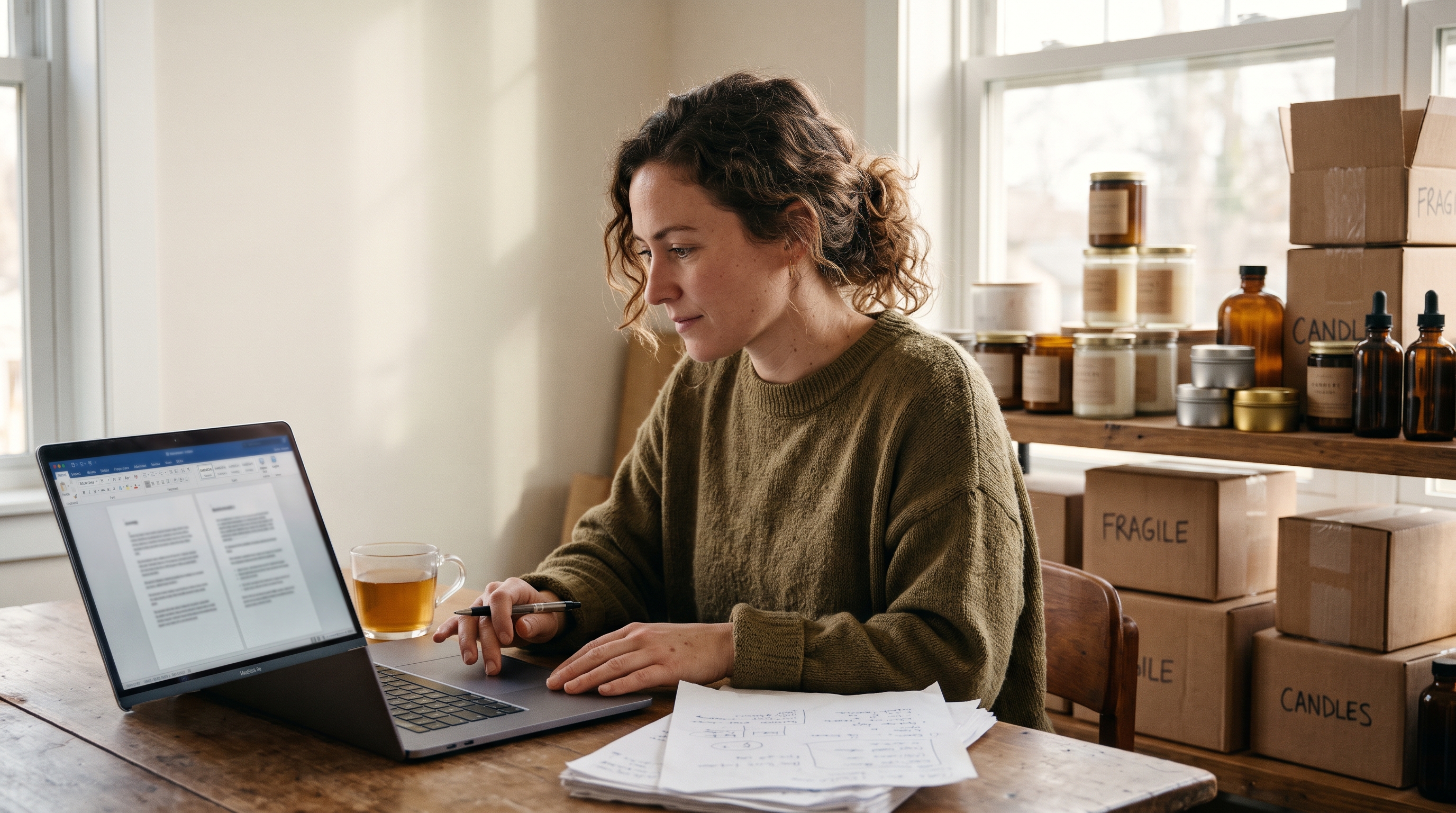 Online store owner comparing product description drafts on a laptop beside a shelf of candles and shipping boxes