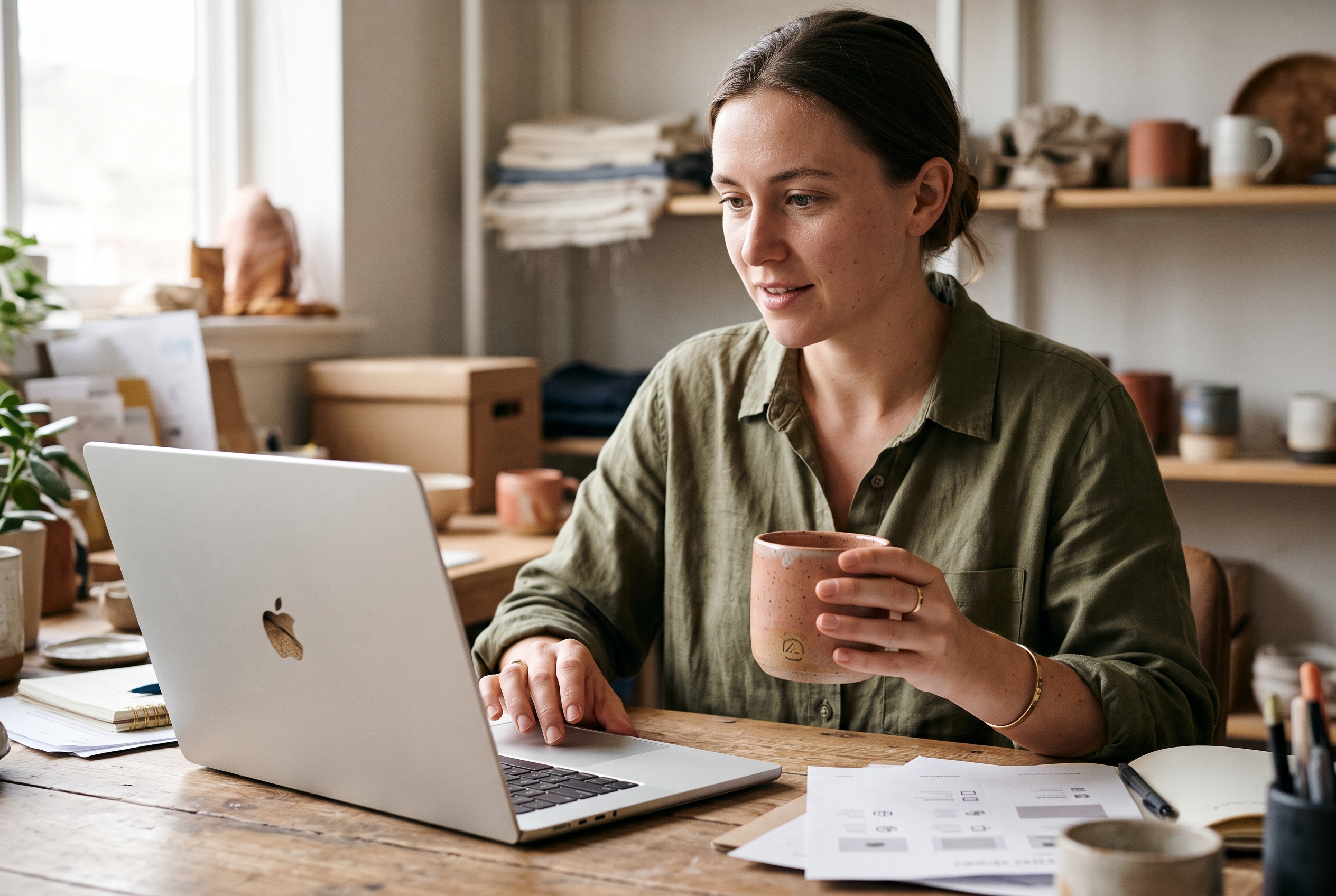 Merchant pasting a spec sheet into a chat window on a laptop while holding a ceramic mug from her catalog
