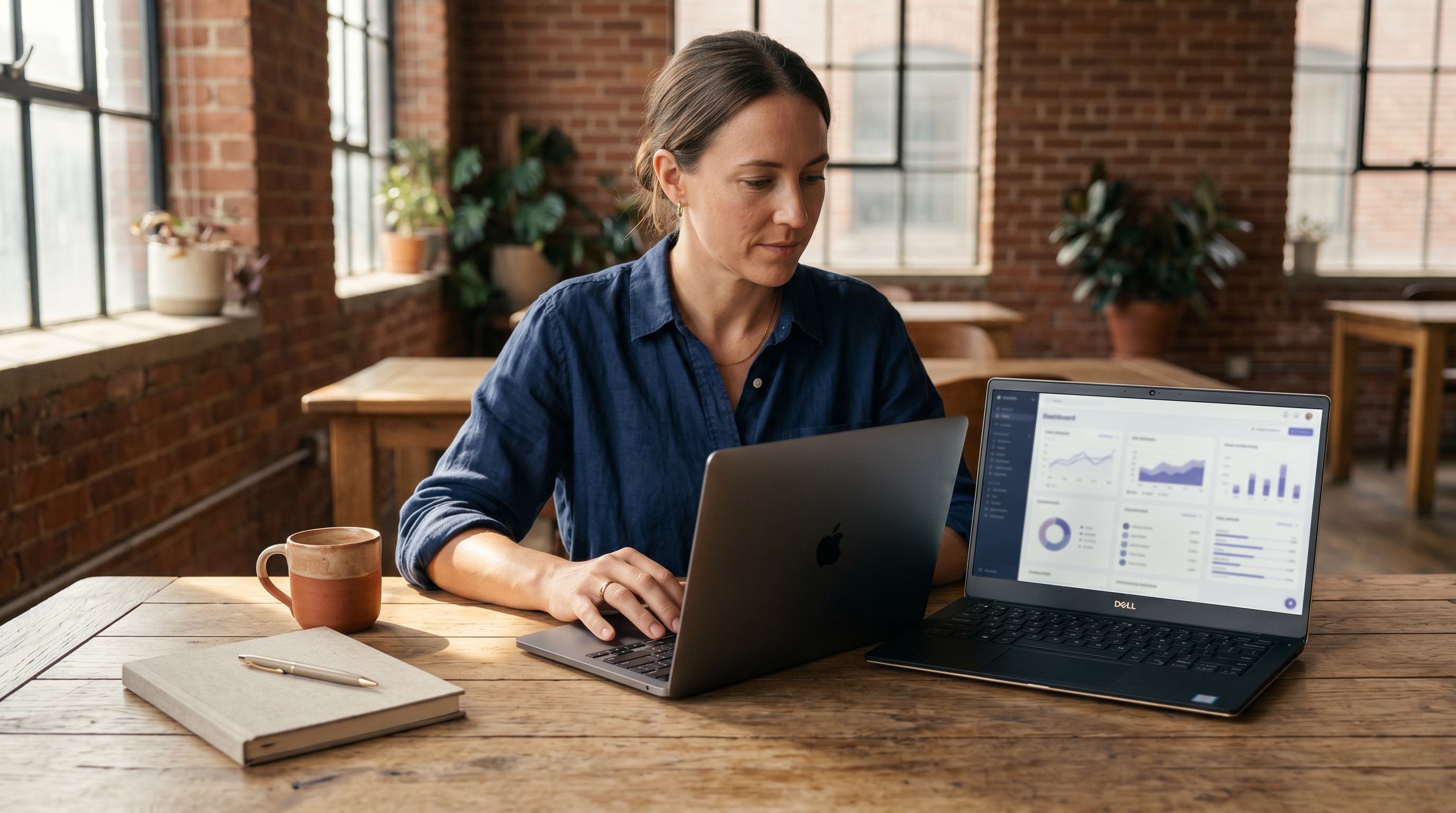 Small business owner comparing two laptops side by side at a wooden desk with coffee and a notebook