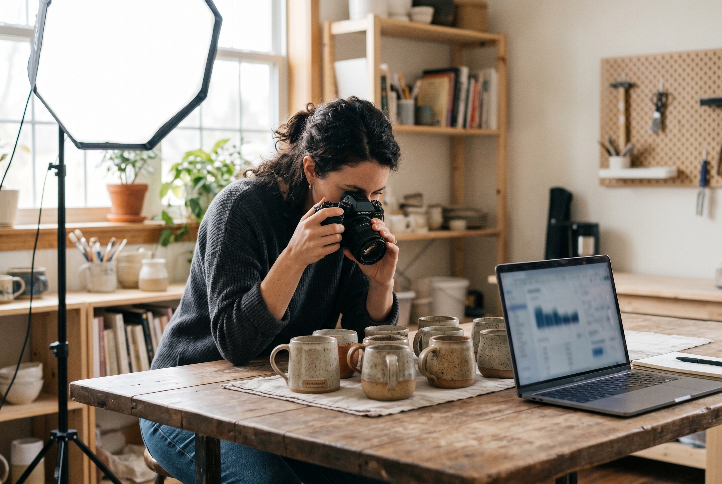 Founder photographing handmade ceramic mugs on a table under a softbox light next to an open laptop