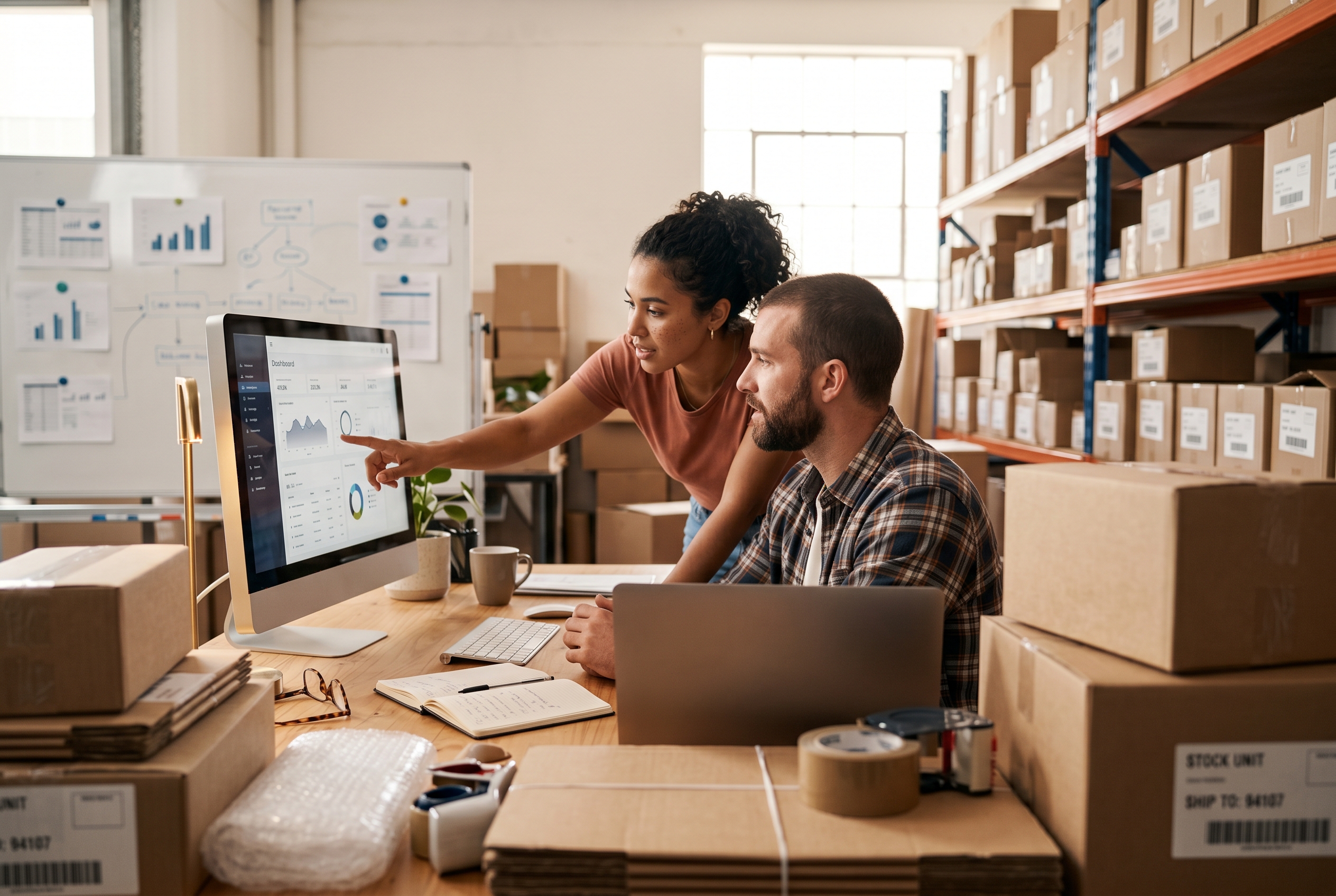 Two people reviewing a store dashboard on a wide monitor in a bright office with shipping boxes stacked nearby
