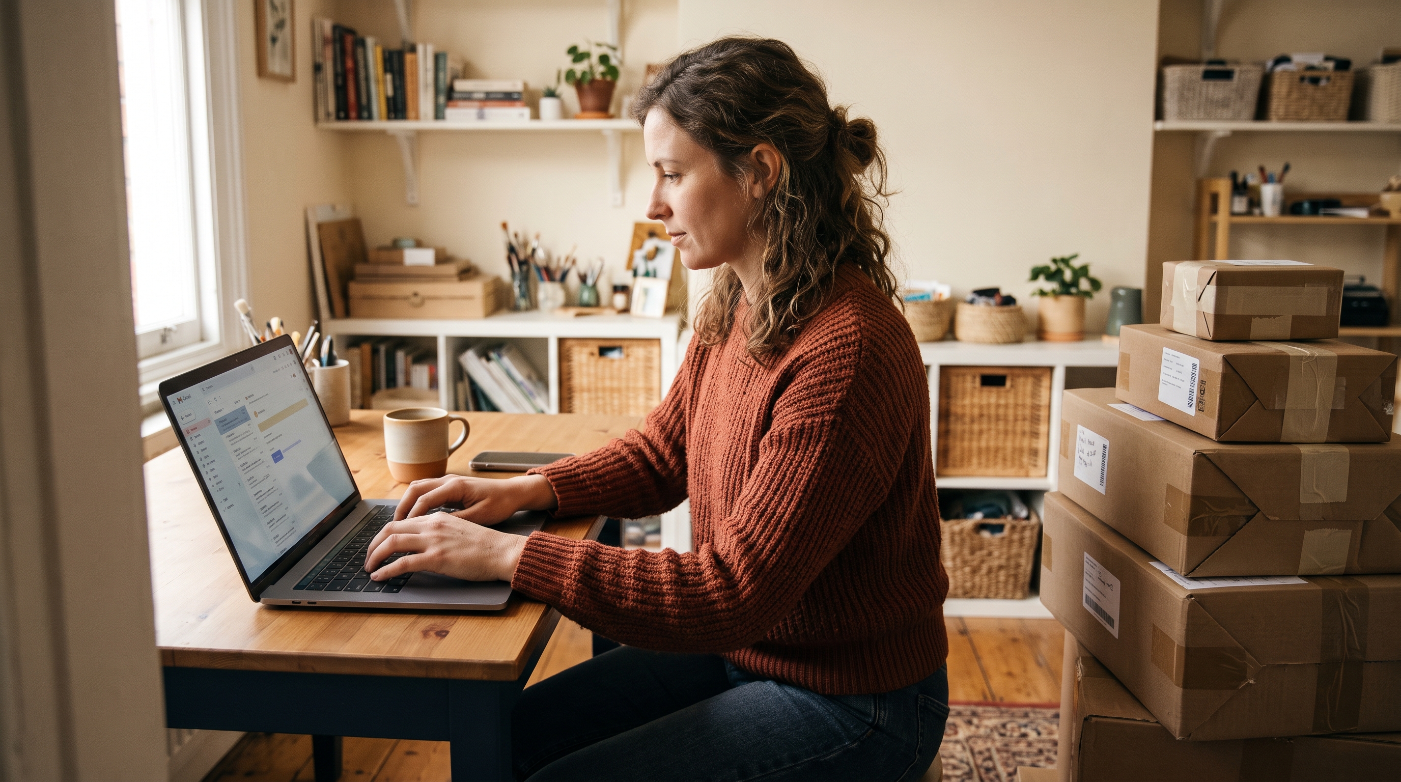 Online store owner typing email prompts on a laptop beside a stack of packed orders in a small home studio