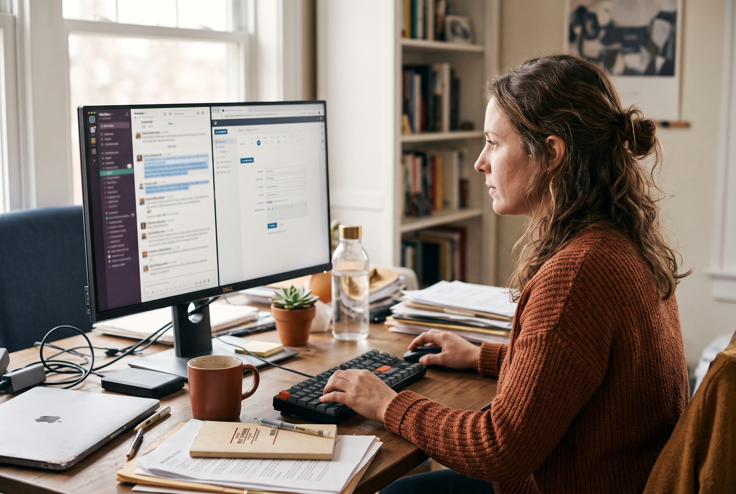 Merchant copying text from a chat window into an email scheduling tool on a desktop monitor at a cluttered desk