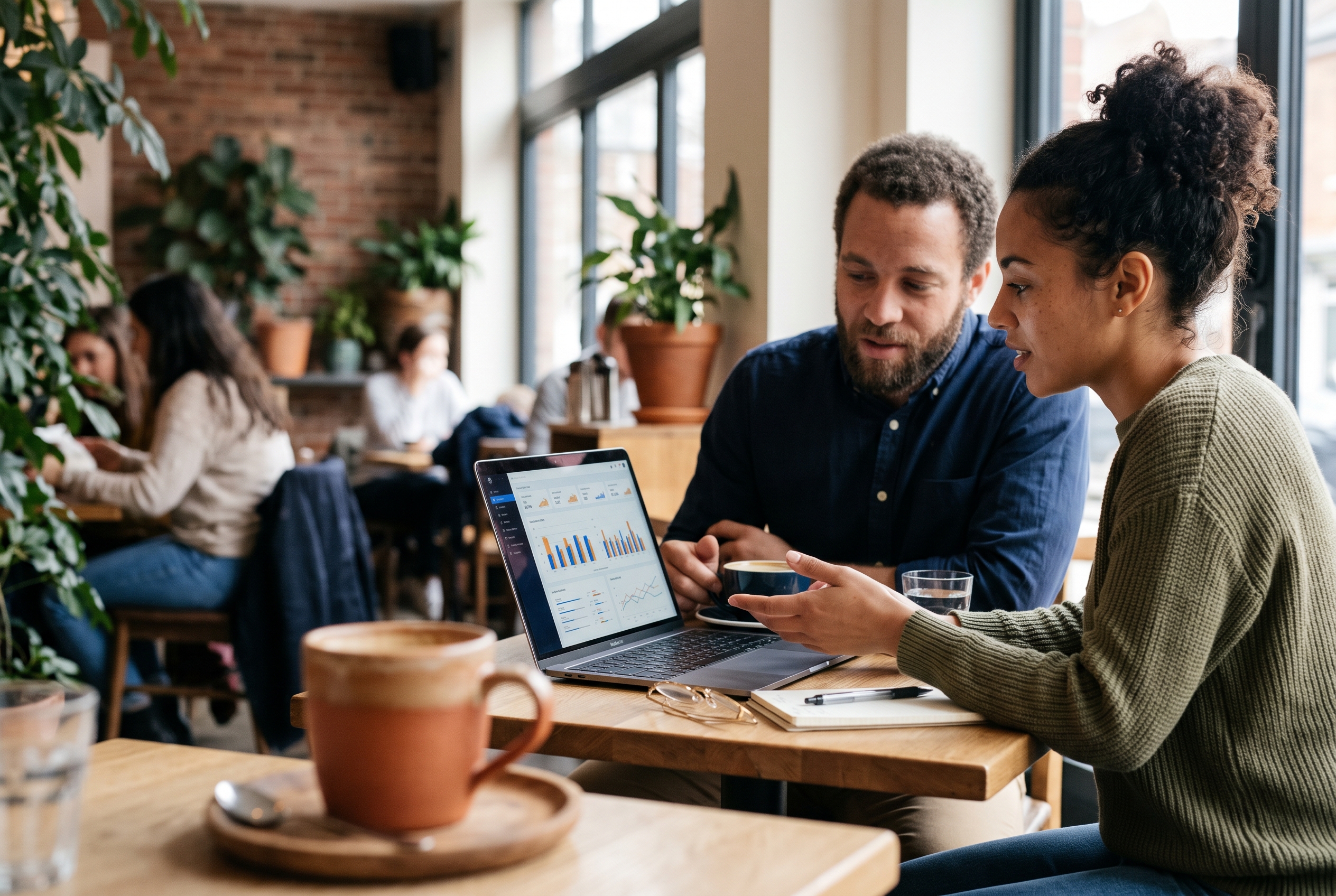 Two small business partners reviewing email campaign results on a laptop at a café table with coffee cups