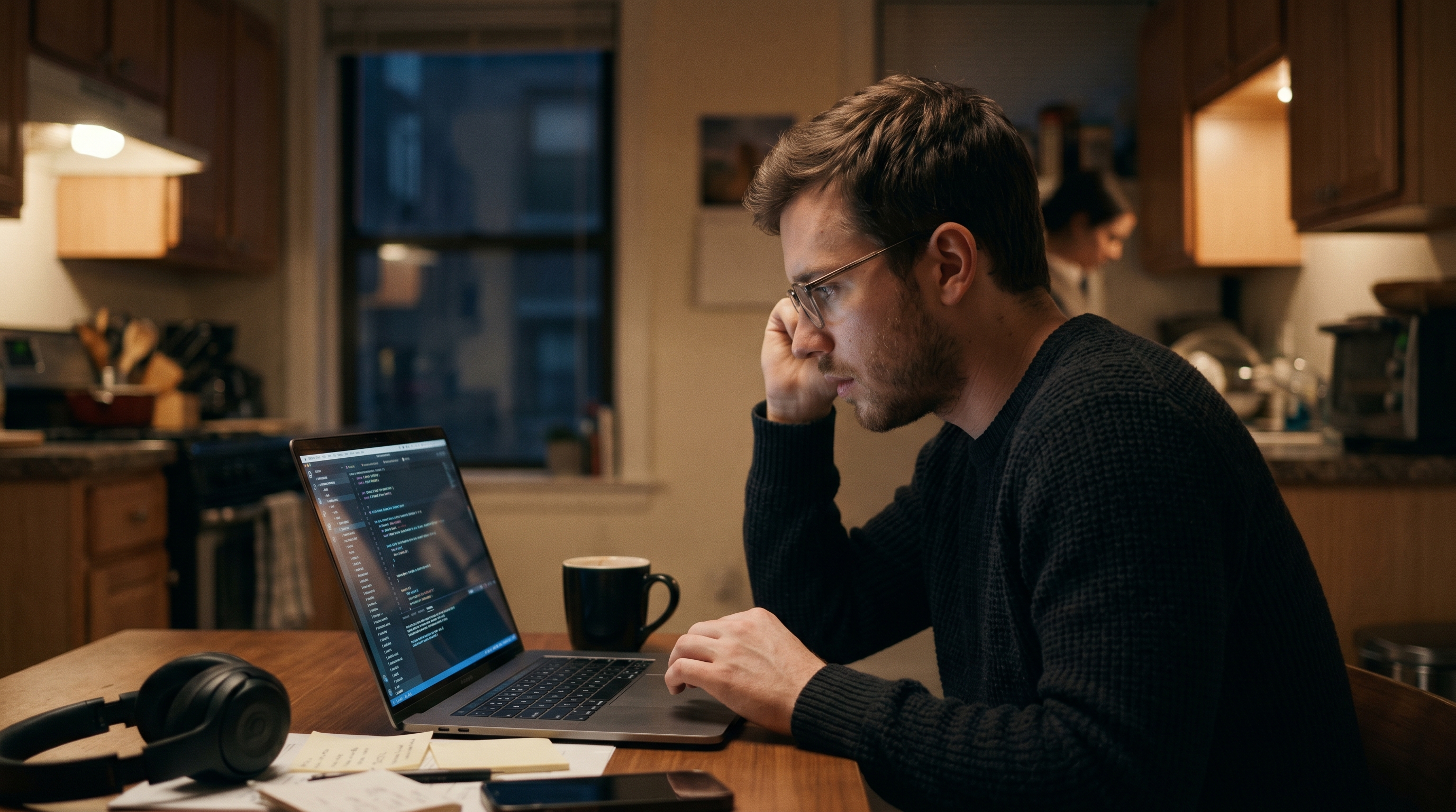 Founder sitting at a kitchen table at night reading code on a laptop screen with a coffee mug beside the keyboard