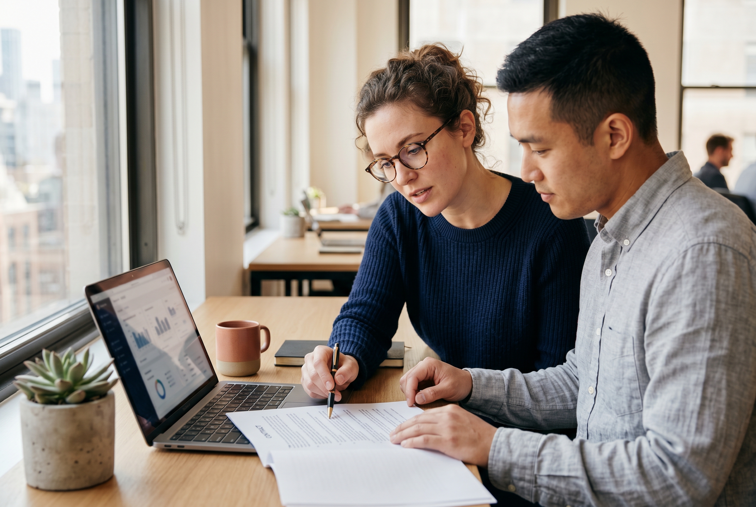 Two people reviewing a printed contract and a laptop together at a bright office desk near a window