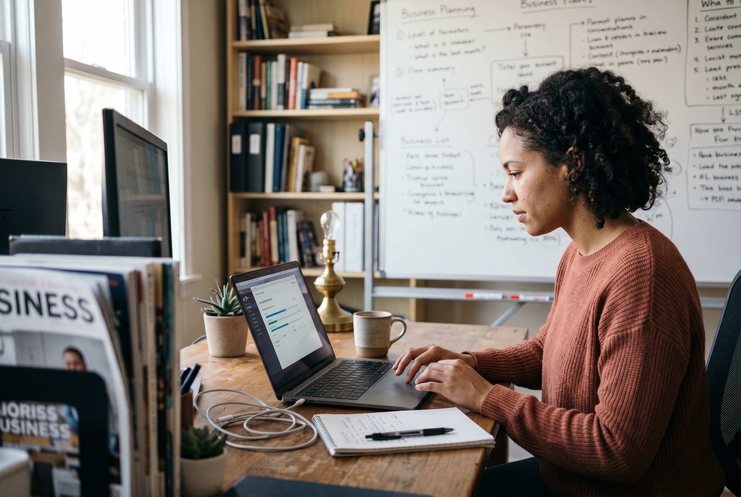 Small business owner uploading files from a laptop in a home office with a whiteboard of notes on the wall behind