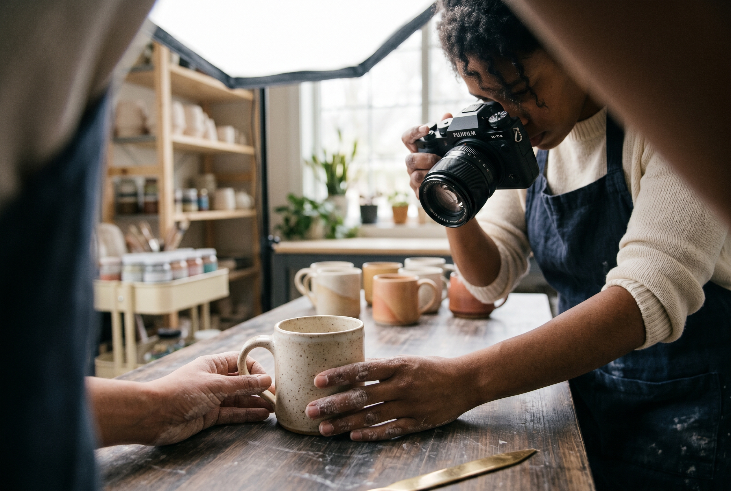 Maker photographing handmade ceramic mugs on a wooden table under a softbox light in a tidy studio