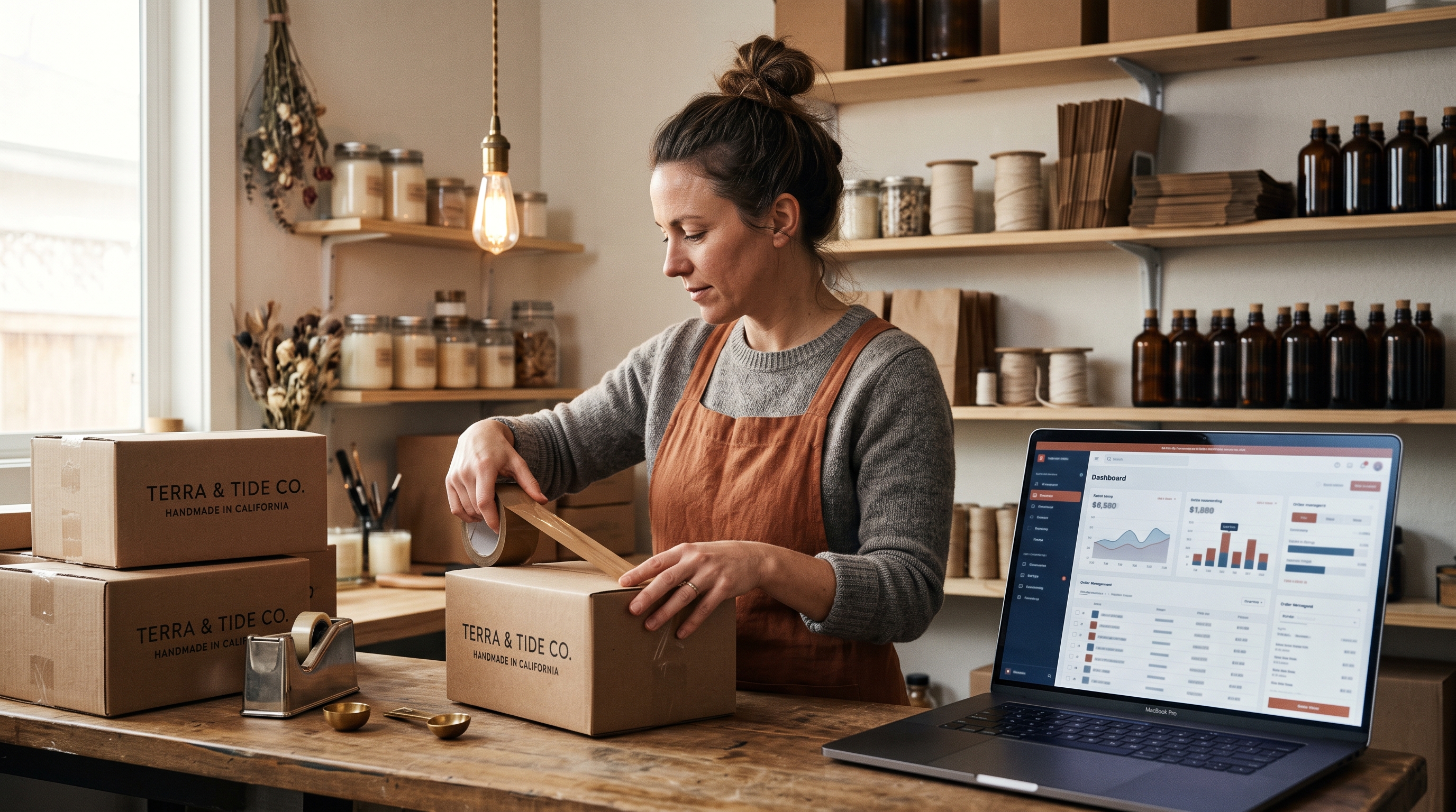 Small business owner packing candles into shipping boxes next to a laptop showing an online store dashboard