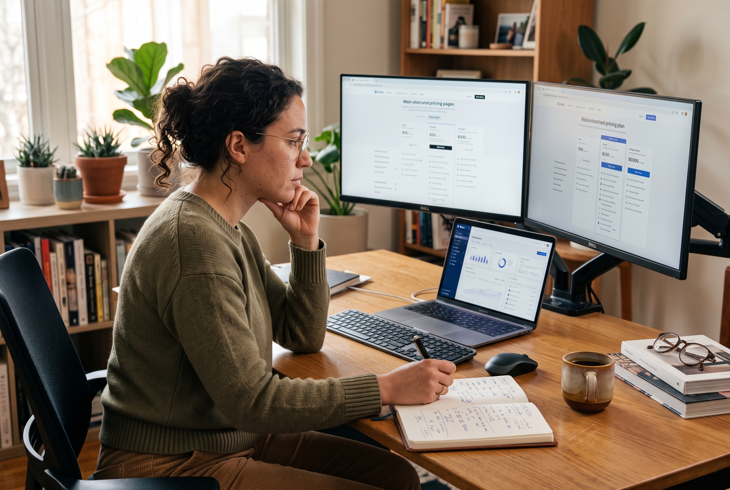 Freelance designer comparing two pricing pages on a dual-monitor desk with a notebook of calculations beside her