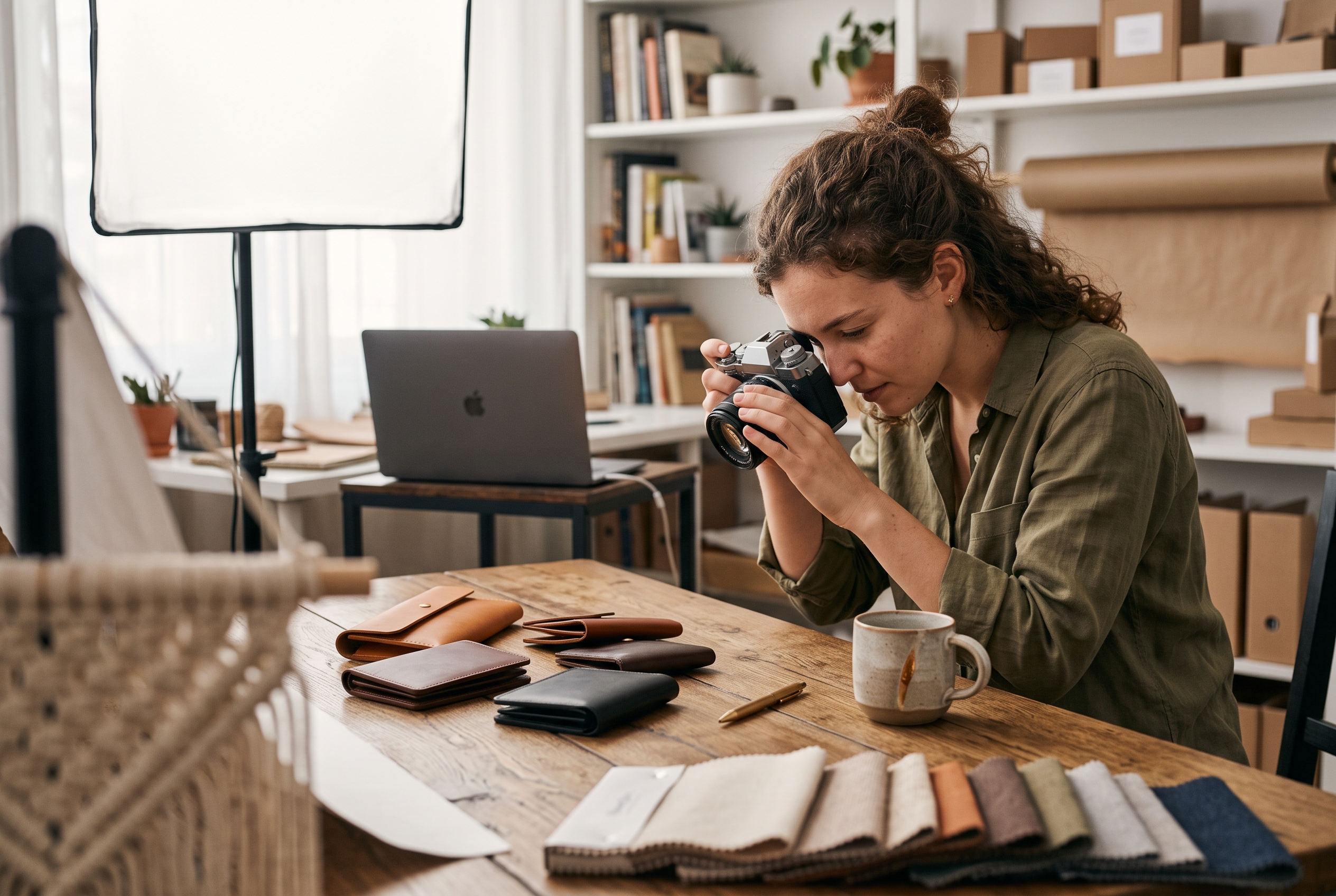Young entrepreneur photographing leather wallets on a wooden table with a softbox light for her first store listing