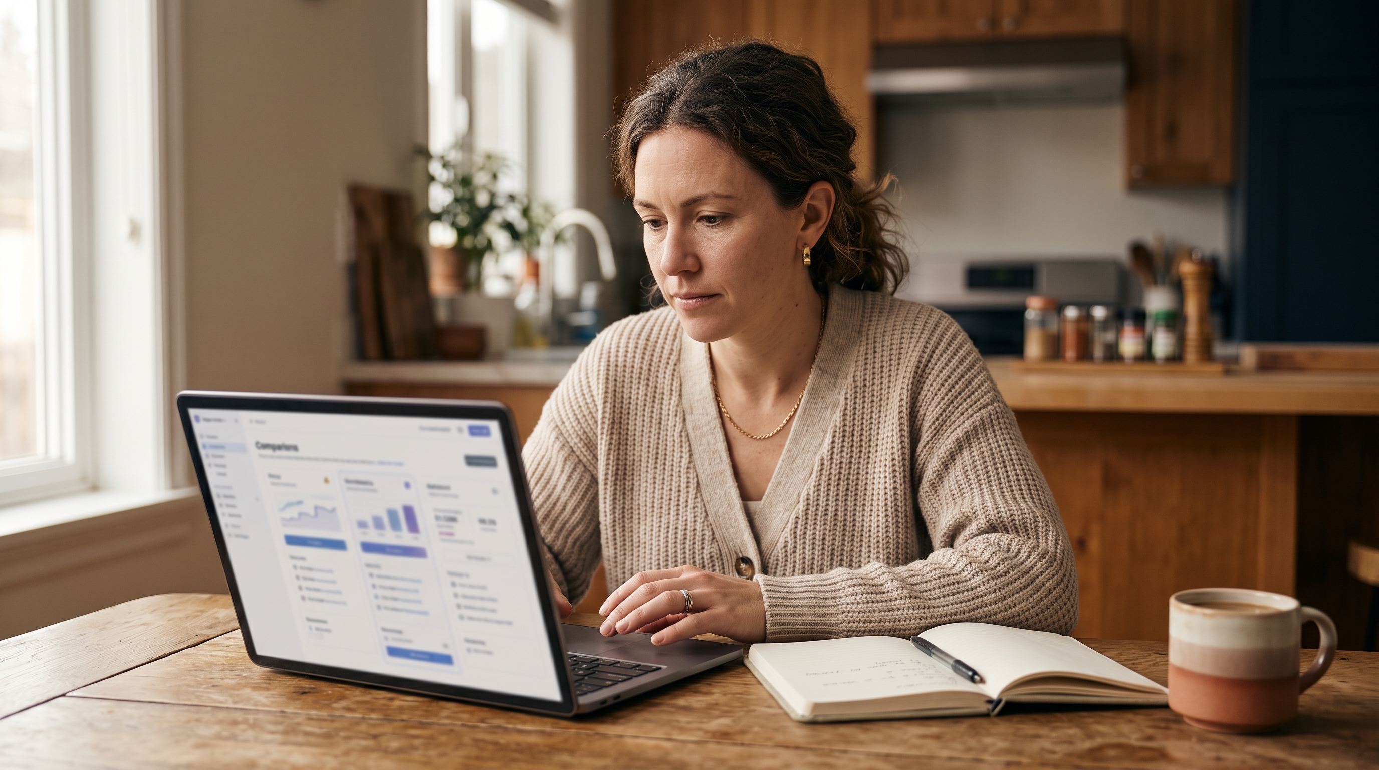 Small business owner comparing platform pricing on a laptop at a kitchen table with a notebook and coffee