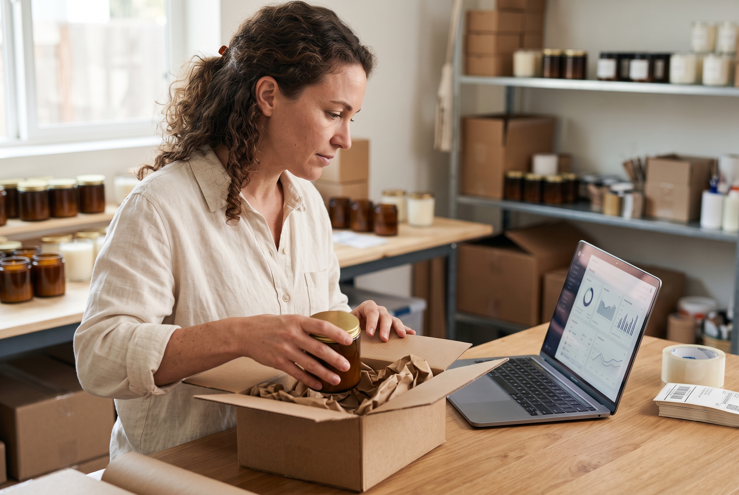Craft seller packing handmade candles into shipping boxes beside a laptop showing an online store dashboard