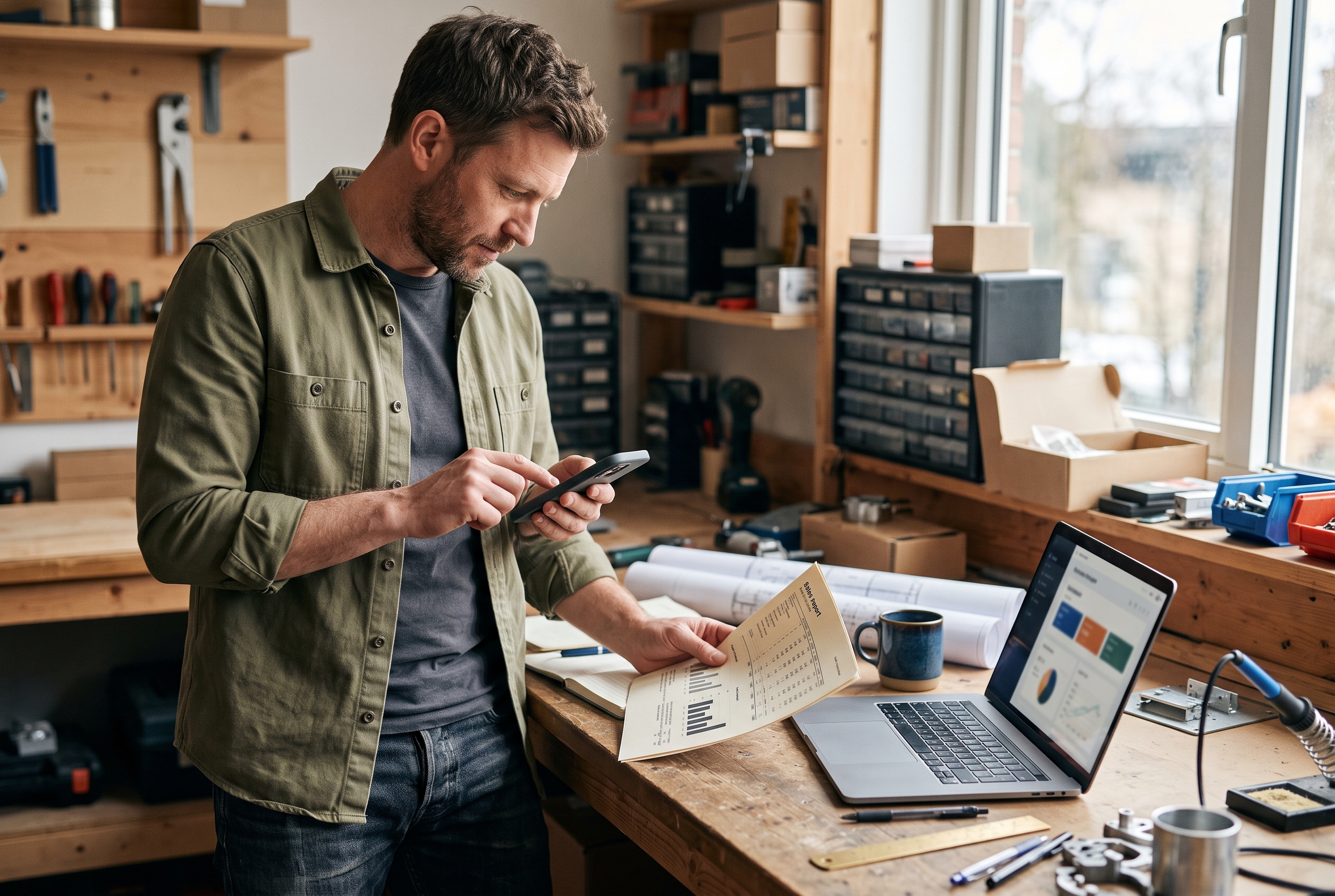 Store owner checking payment payouts on a phone while reviewing a printed sales report at a workshop desk