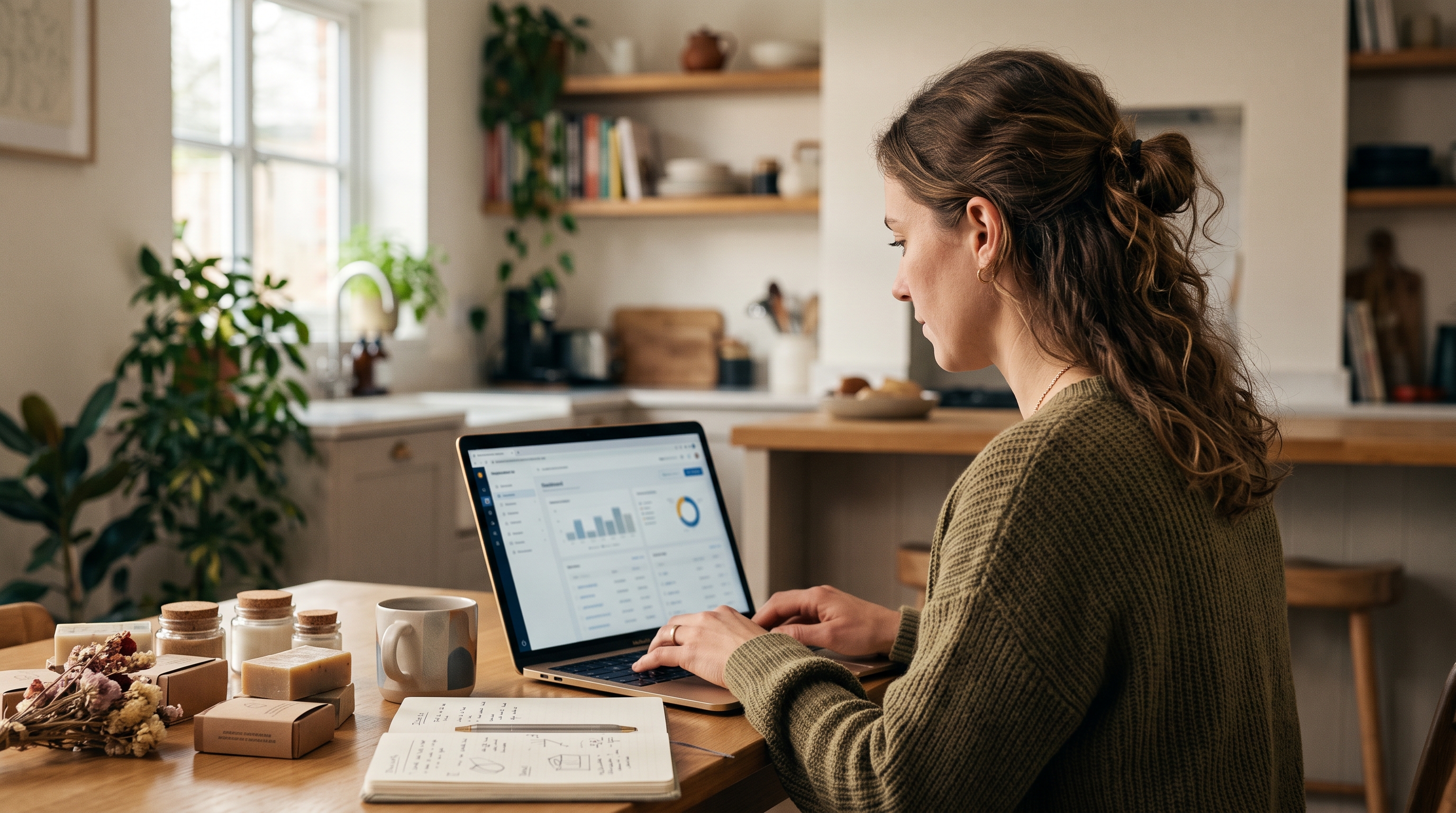 Store owner searching a trademark database on a laptop at a kitchen table with product samples and a notebook beside her